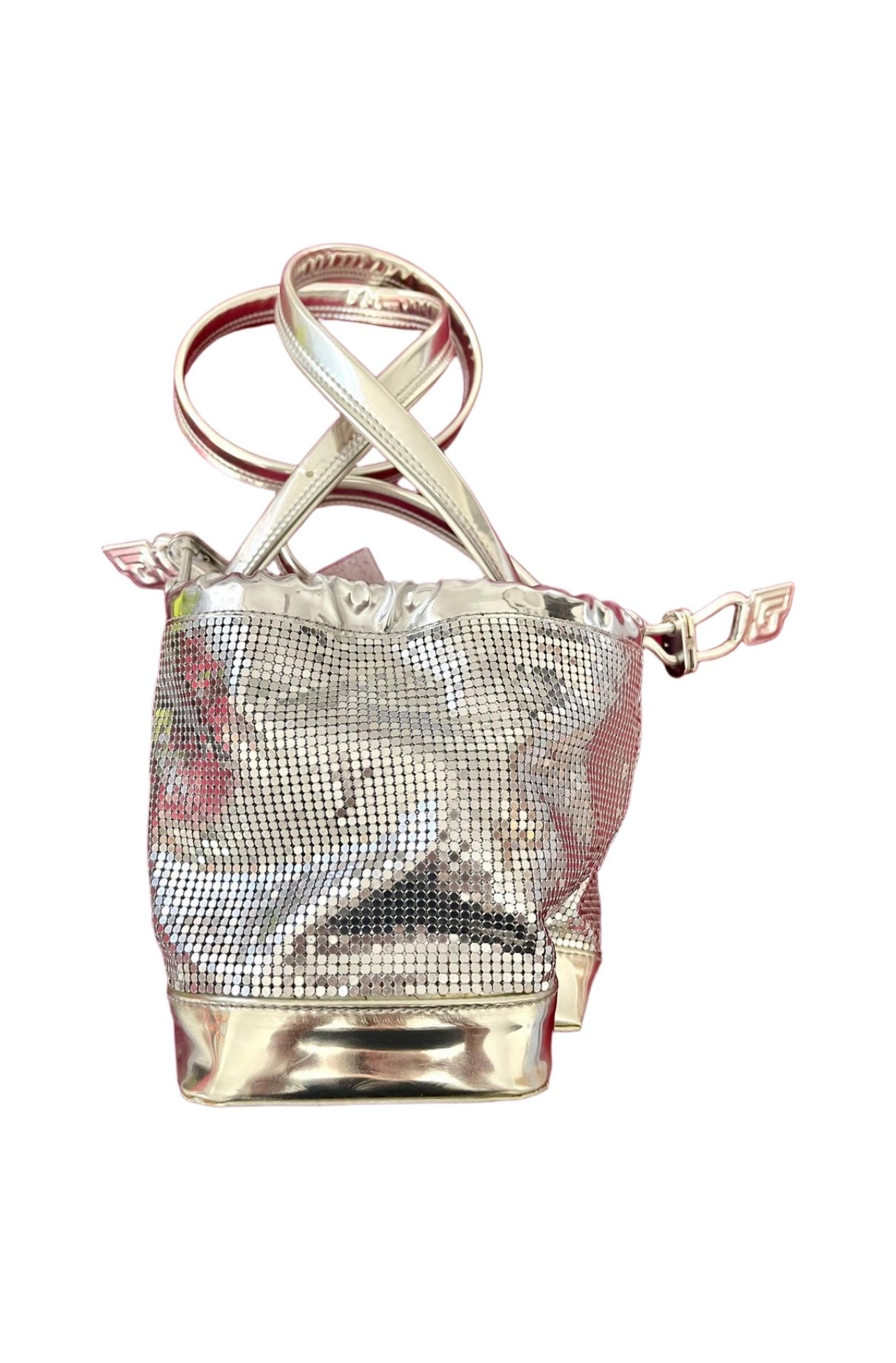 Used Paco Rabanne silver pixel metal vinyl leather shoulder/wrist bag with both straps 