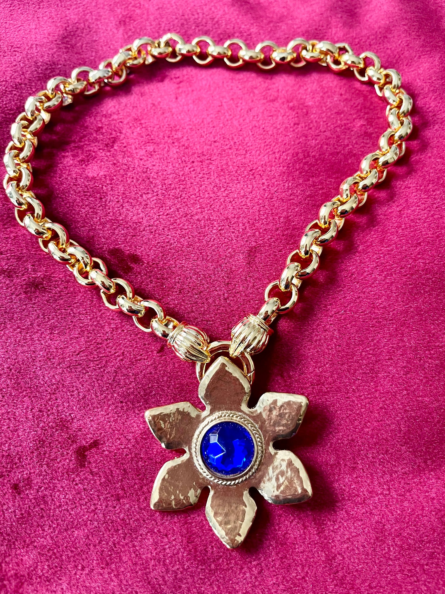 Rare Authentic Vintage Gold Flower Blue Rhinestone Yves Saint Laurent Brooch Pendant