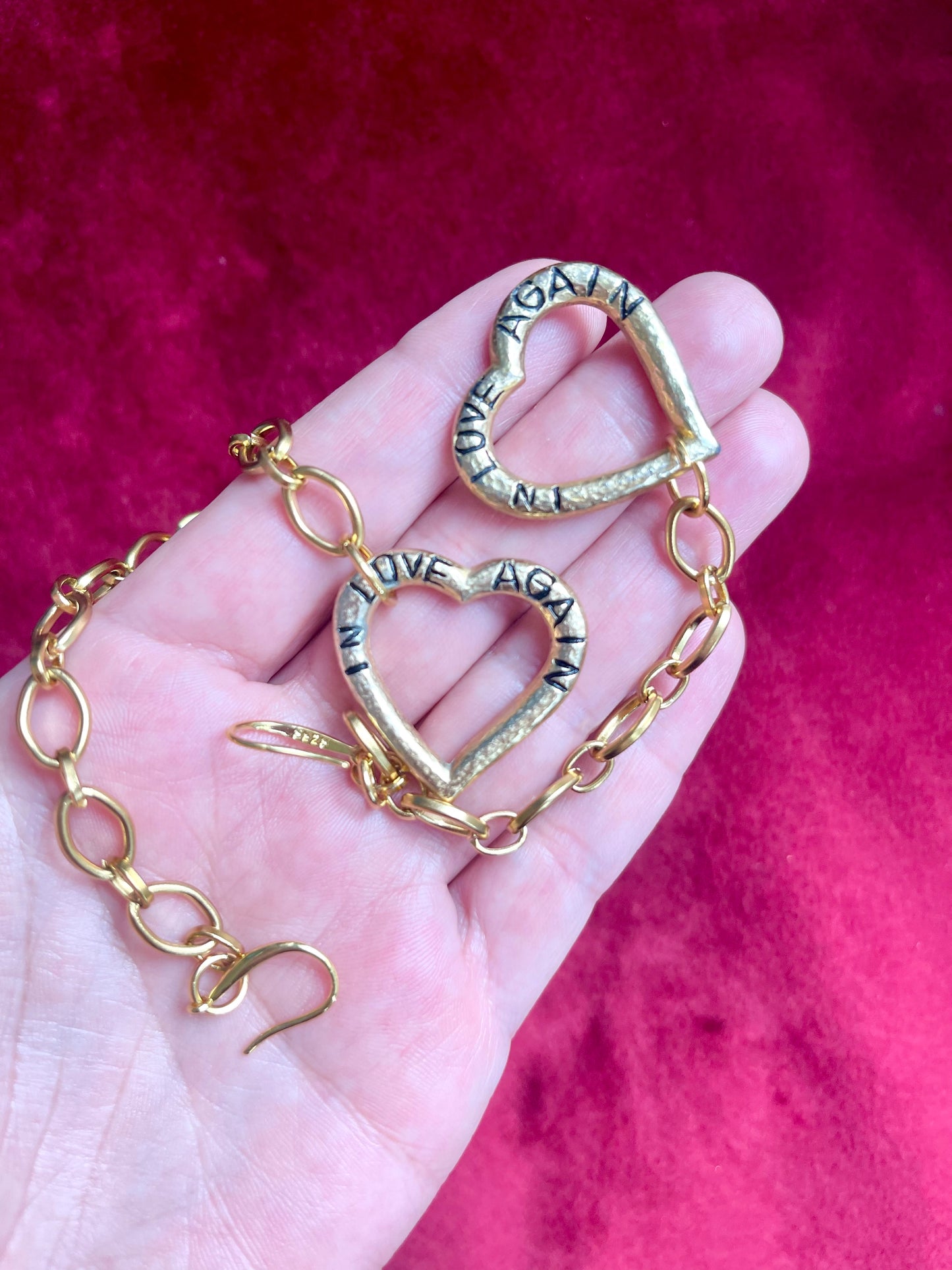 Vintage Yves Saint Laurent “In Love Again” Heart Pendant Upcycled Gold Tone Earrings