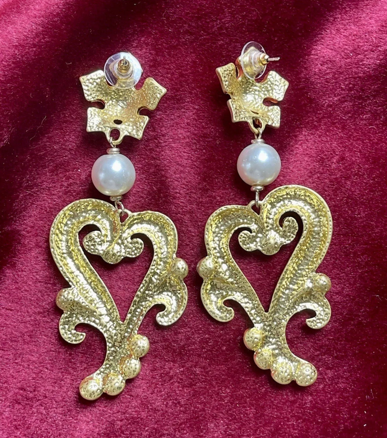 Arty Gold Heart Pearl Rhinestones Earrings Style Vintage Christian Lacroix Yves Saint Laurent