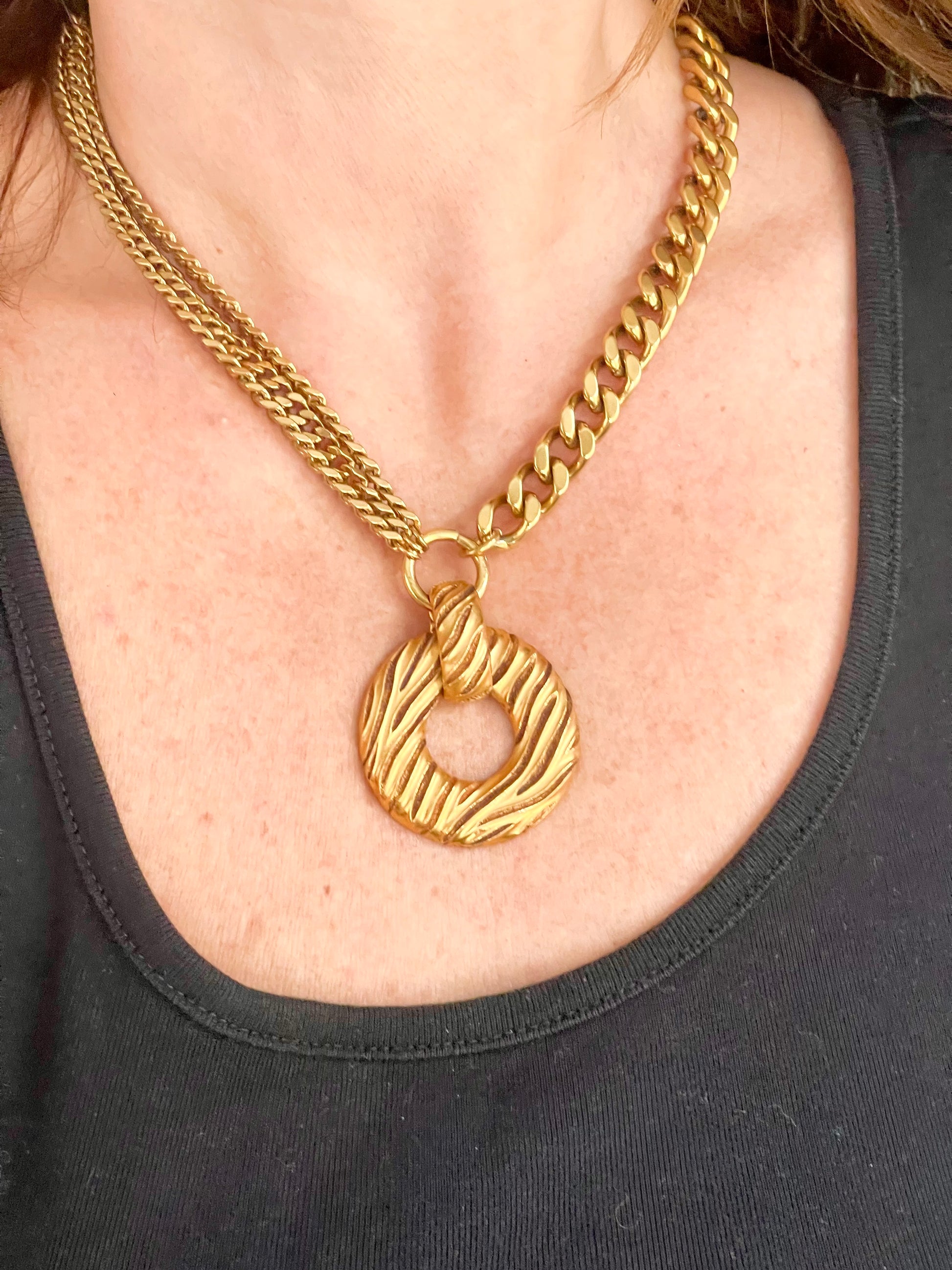 Worn by model Yves Saint Laurent vintage pendant  stainless steel chain necklace 