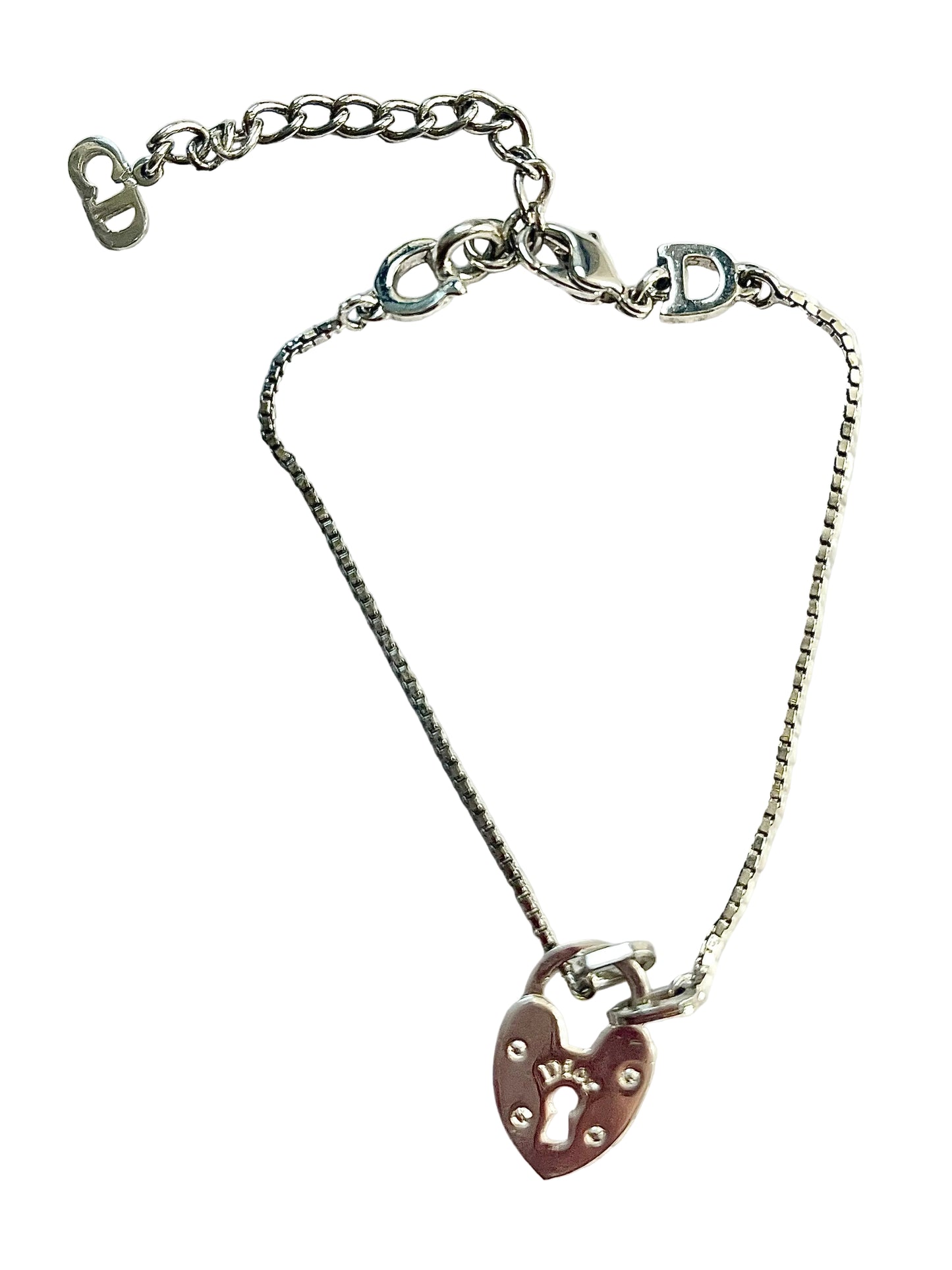 Vintage Dior Silver Tone Heart Lock Charm Authentic Bracelet
