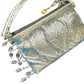 One of a kind handmade Paco Rabanne repurposed silver pixel mesh bag in white background 