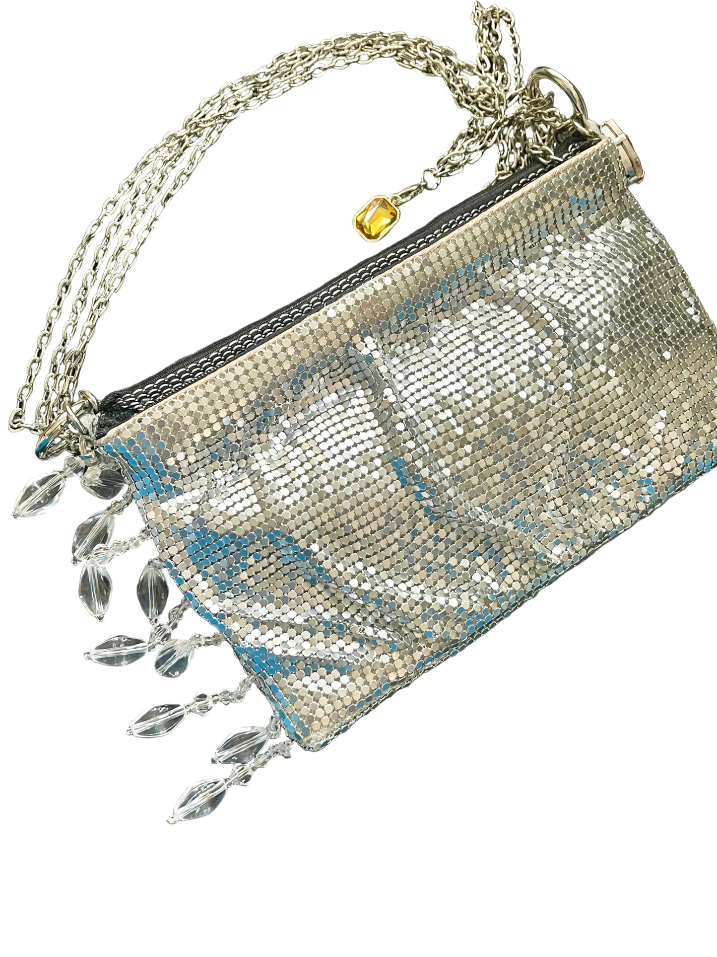 One of a kind handmade Paco Rabanne repurposed silver pixel mesh bag in white background 