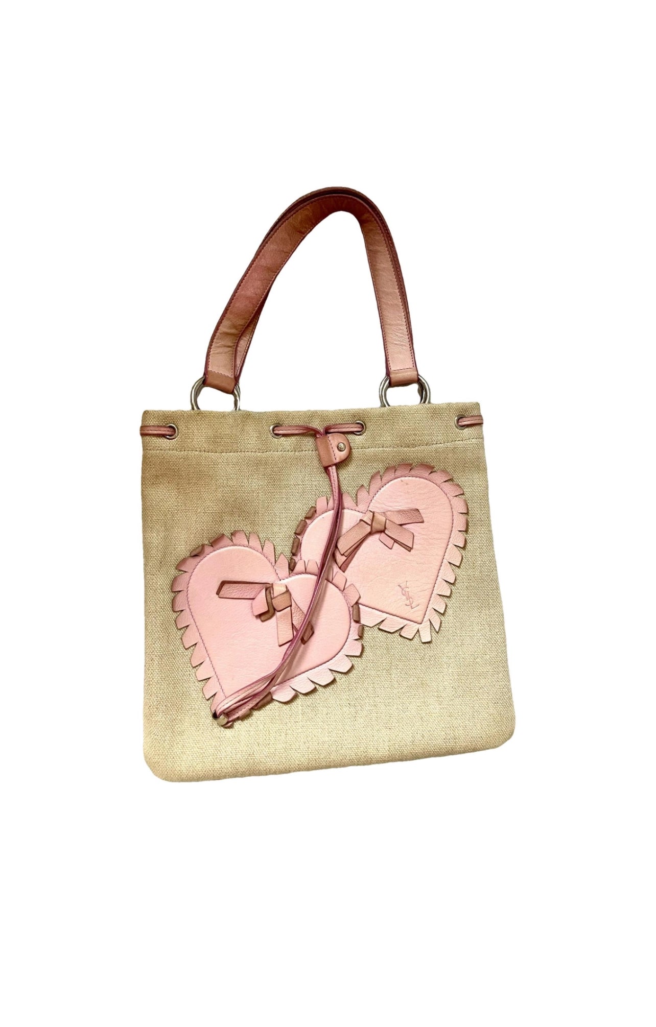 Pink Hearts Beige Cotton Tote Bag Yves Saint Laurent Vintage