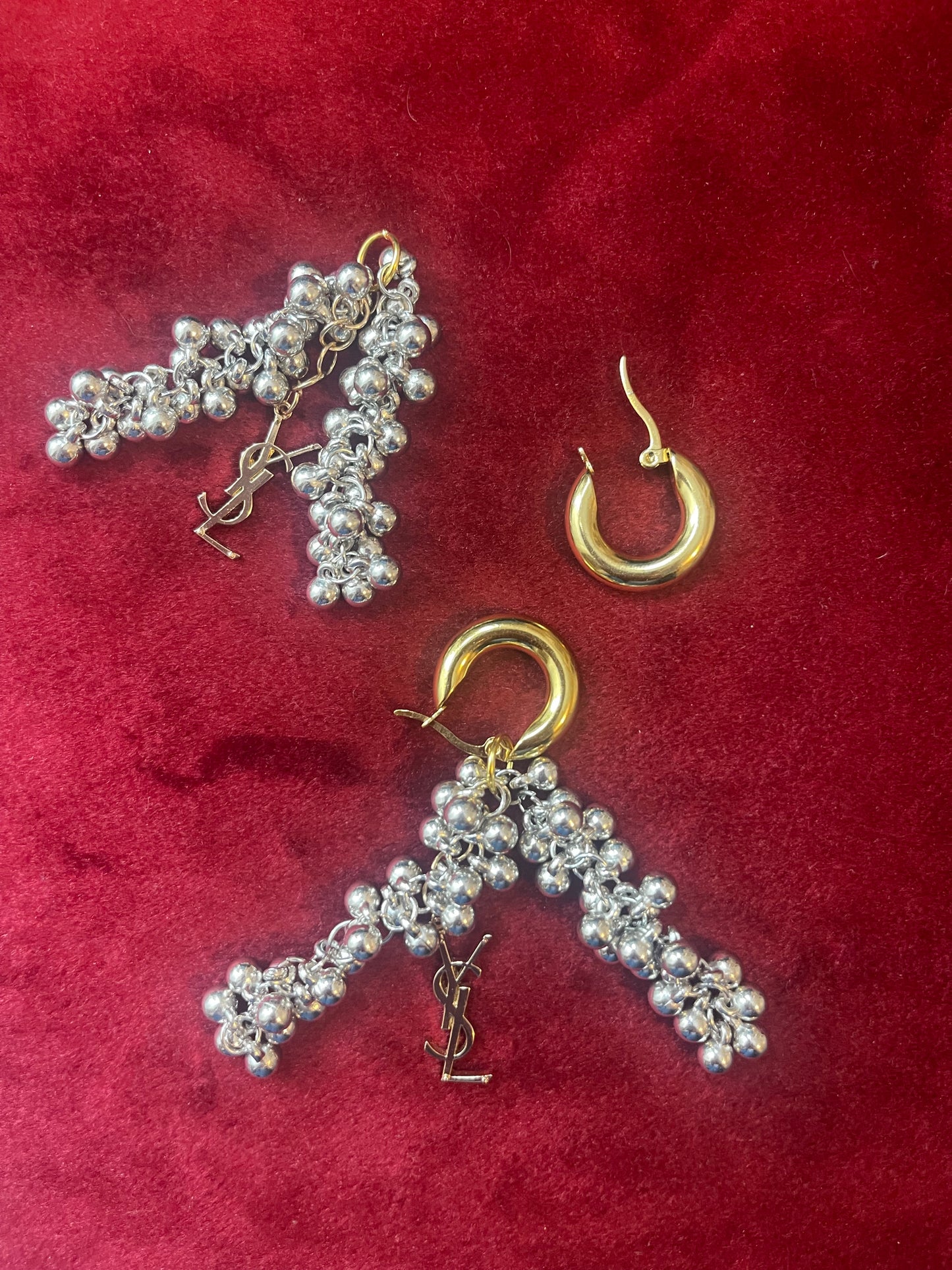 HoooGold and silver earrings with pearl-like beads and YSL Yves Saint Laurent charms showing flexibility of design 