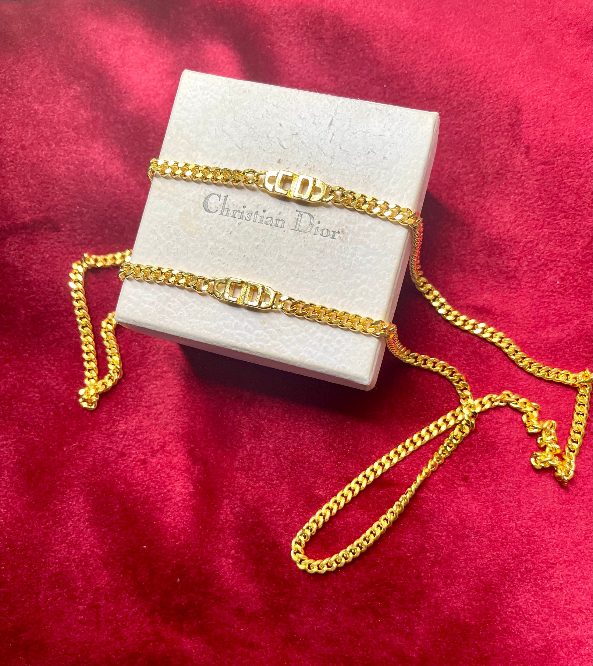 Monogram Classic vintage 80’s authentic Christian Dior designer jewelry- refurbished gold plated 18K long necklace CD charms rare find 
