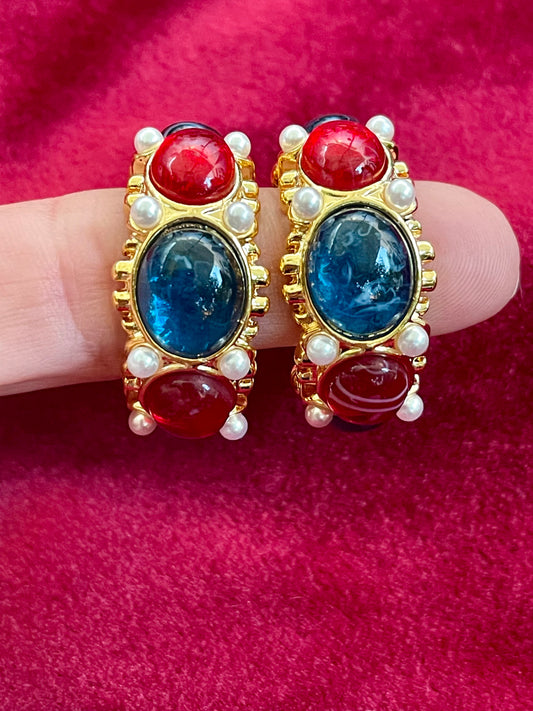 Blue Resin Gold Plated Multicolored Hoop Design Earrings