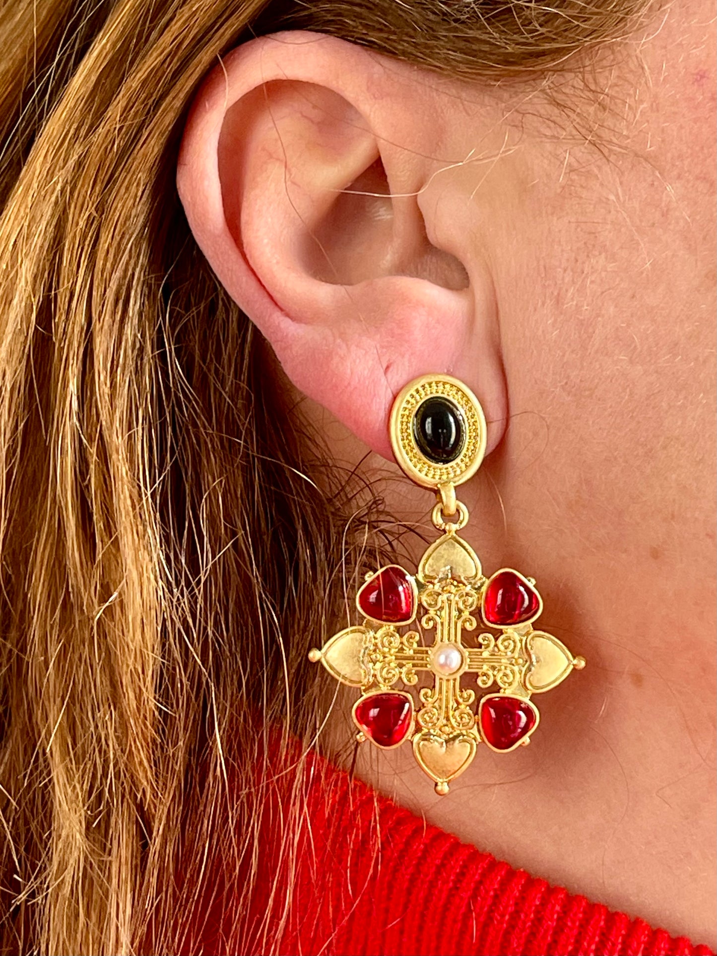 Boucles d'oreilles pique rouge style Christian Lacroix Yves Saint Laurent Vintage