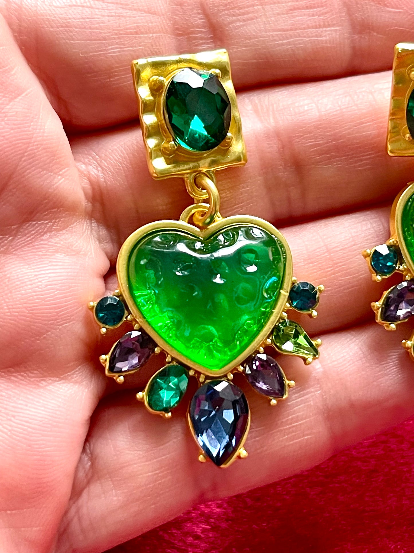 Strong Green Heart Resin Metal Earrings