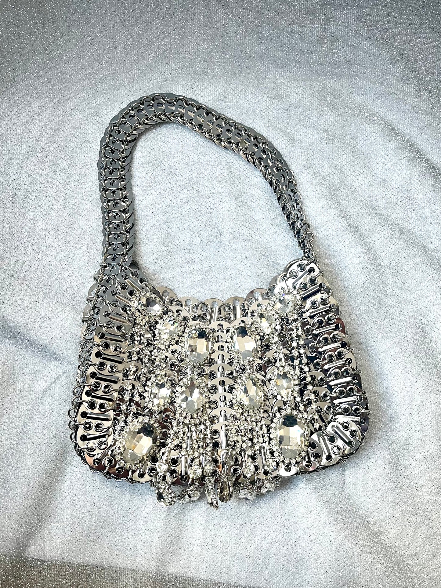 Large Metal Shoulder Bag Crystal Charms Brooches Style Paco Rabanne