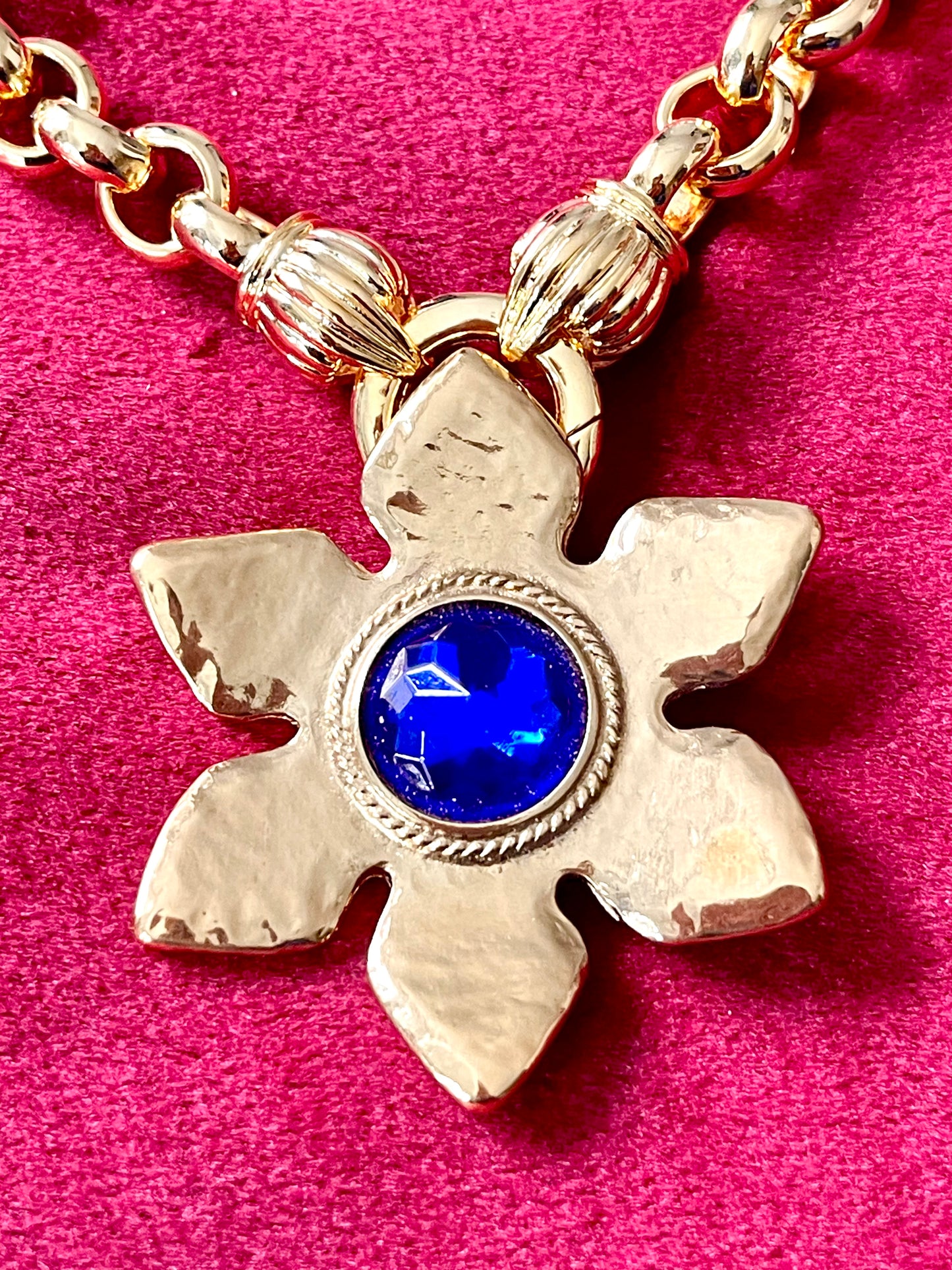 Rare Authentic Vintage Gold Flower Blue Rhinestone Yves Saint Laurent Brooch Pendant