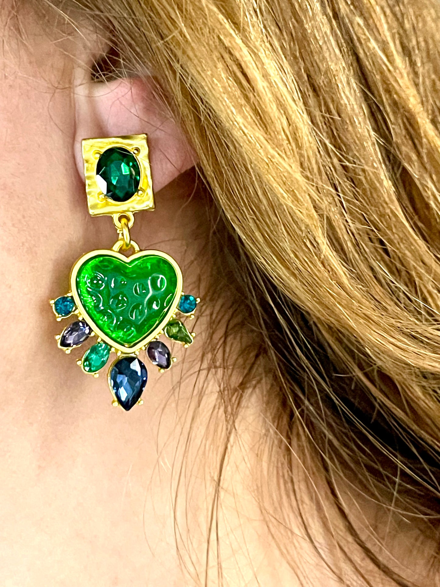 Strong Green Heart Resin Metal Earrings