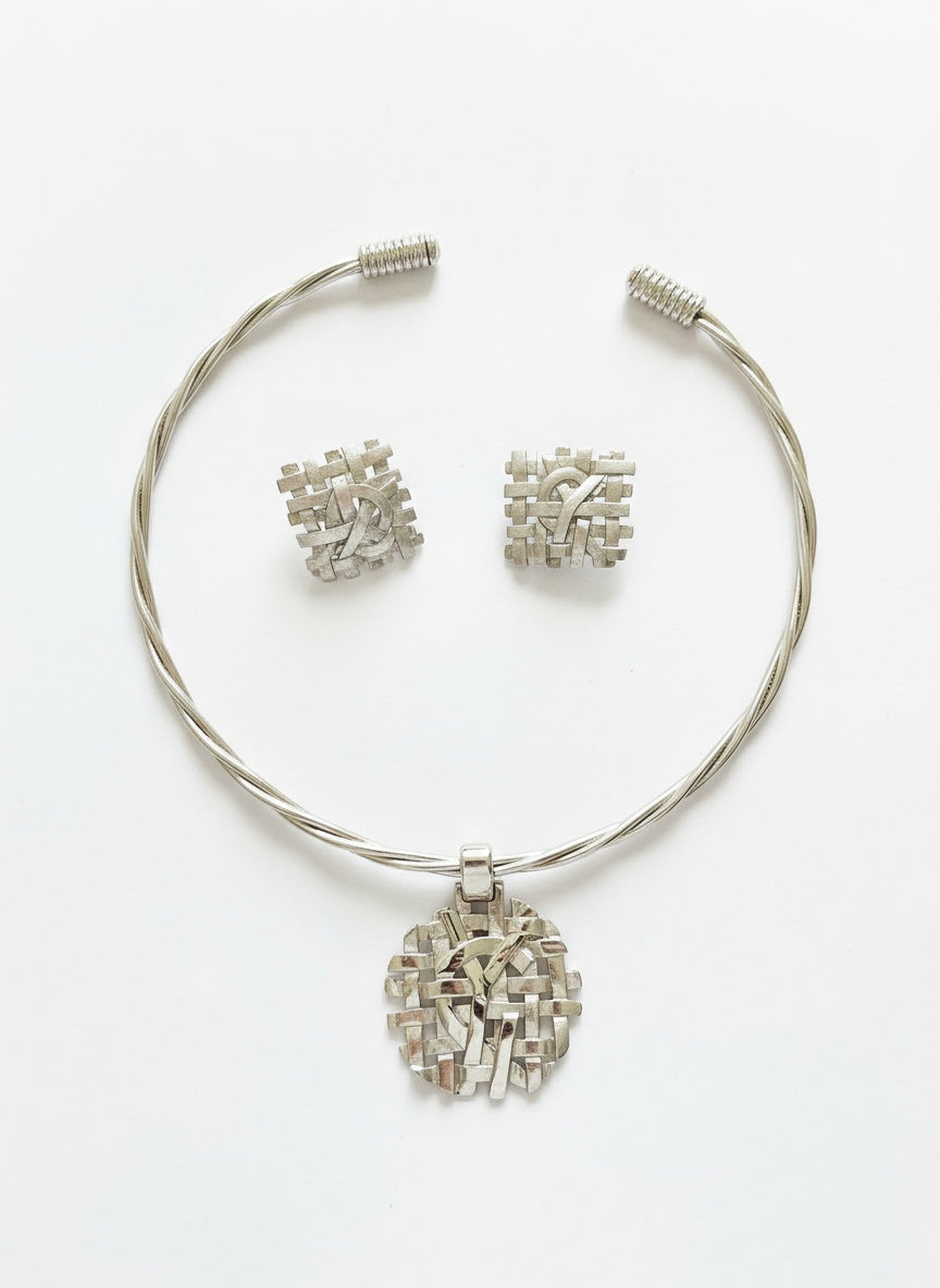 white gold plated vintage Yves saint laurent set necklace and earrings