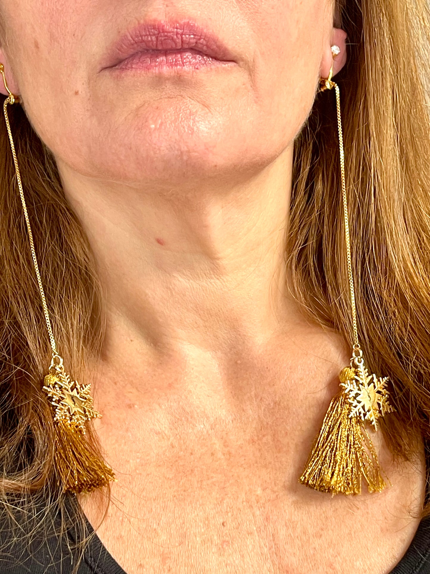 Yves Saint Laurent Signed Snowflake Charm Tassel Earrings – Gold Tone, Upcycled
