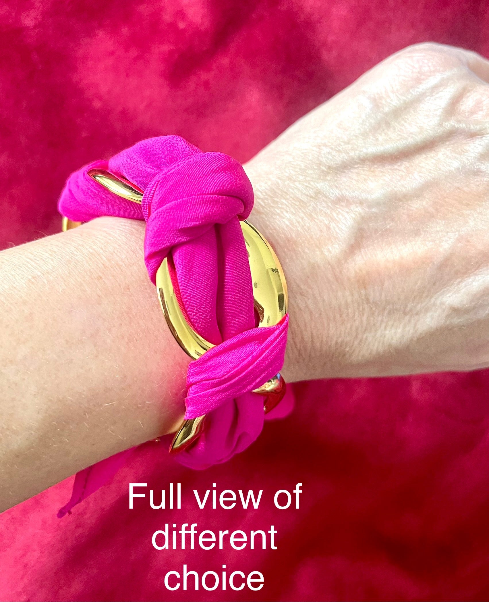 Full view of Customizable gold bracelet design options with Dior silk scarf