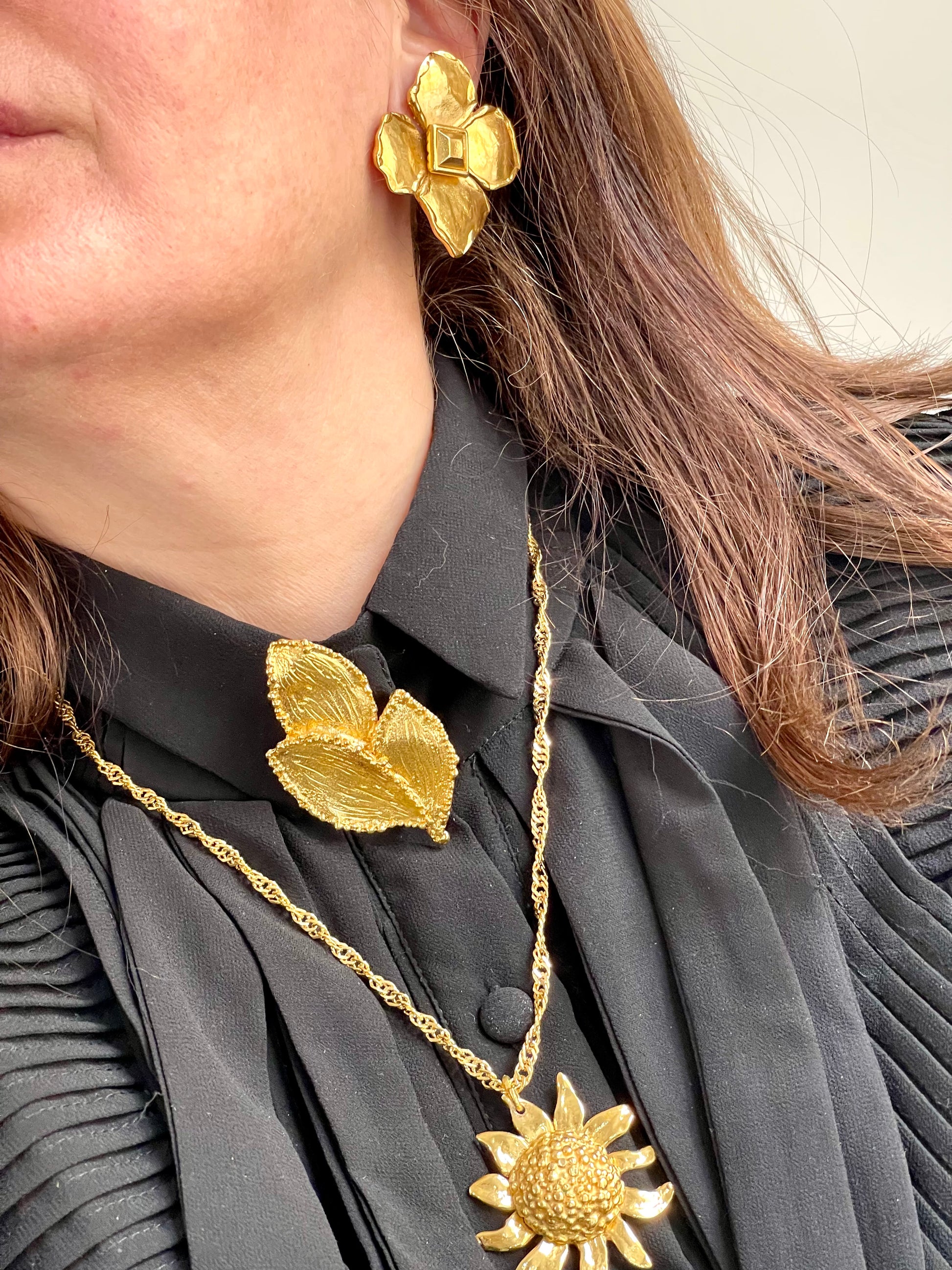 Worn by model with other accessories Vintage Yves Saint Laurent 80s 90s gold tone leaf brooch excellent condition