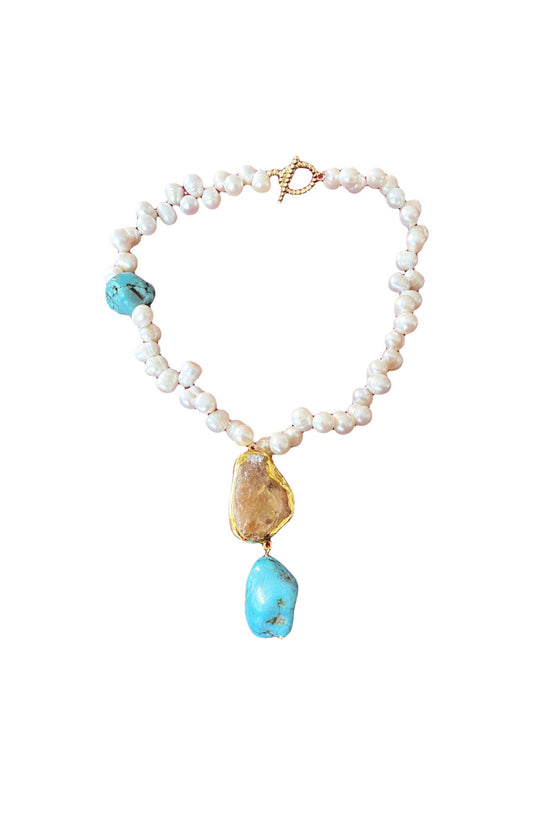 Citrine Turquoise Stones Fresh Water Pearl Statement Design Necklace
