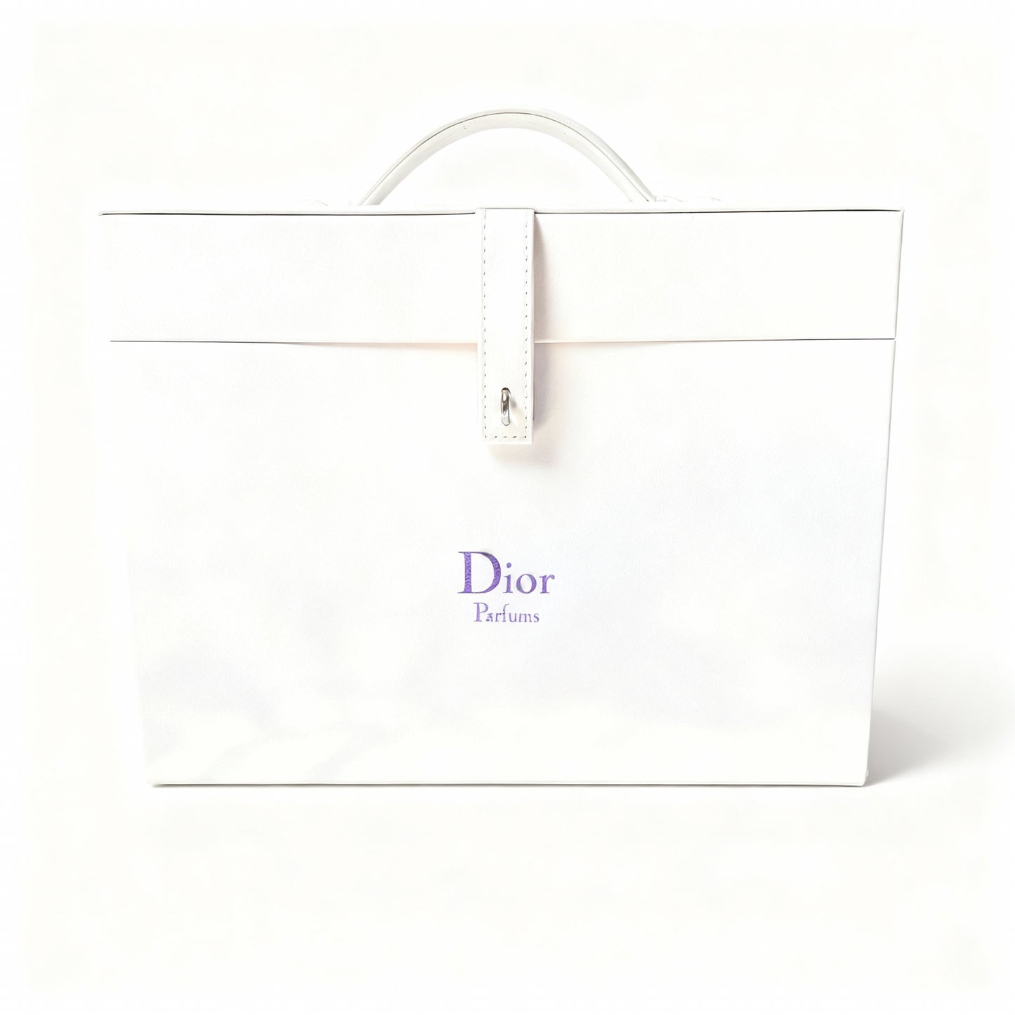 White Dior perfume bag with purple logo on a white background
