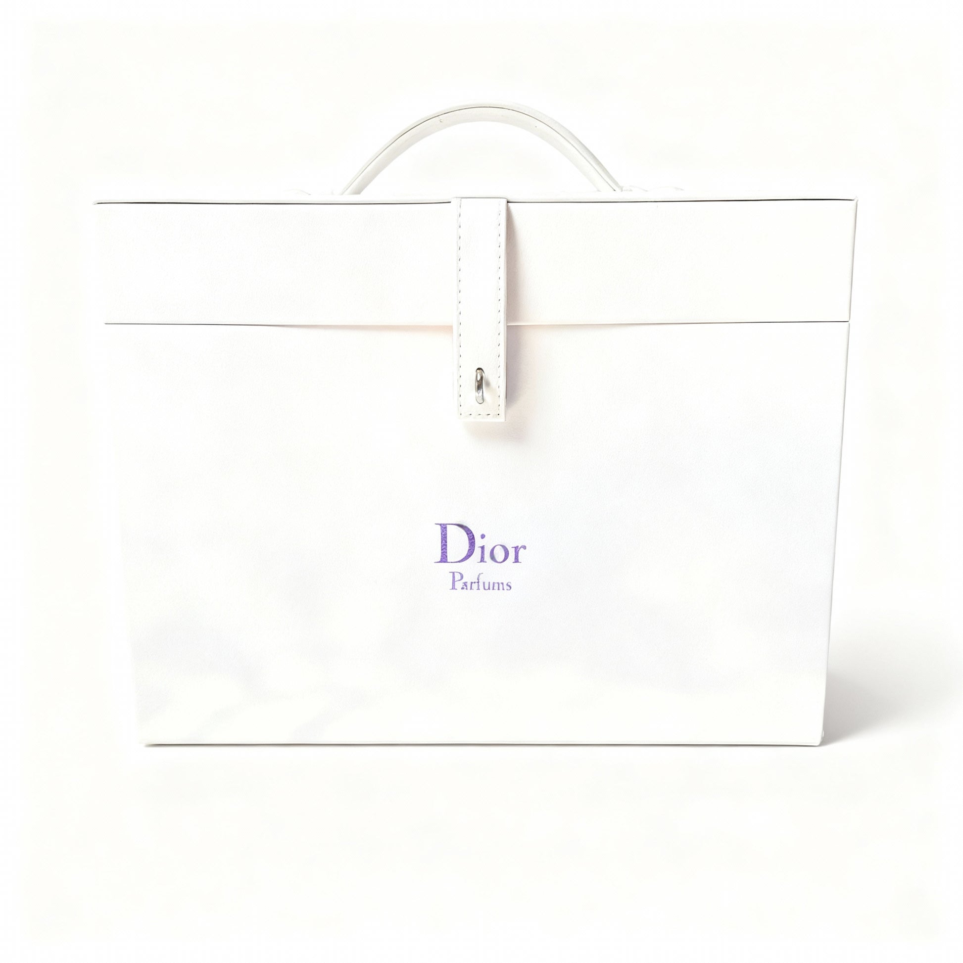 White Dior perfume bag with purple logo on a white background