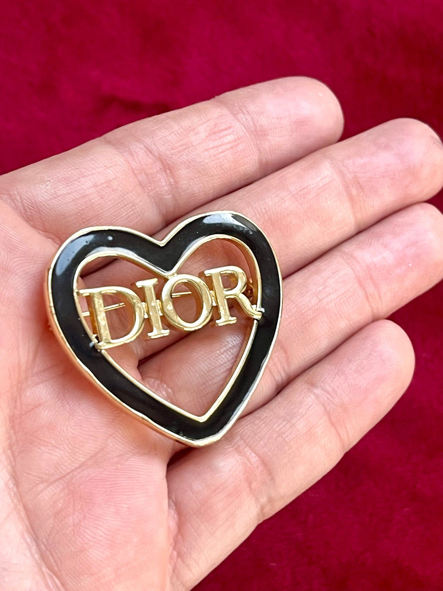 Vintage Black Enamel Dior Heart Brooch
