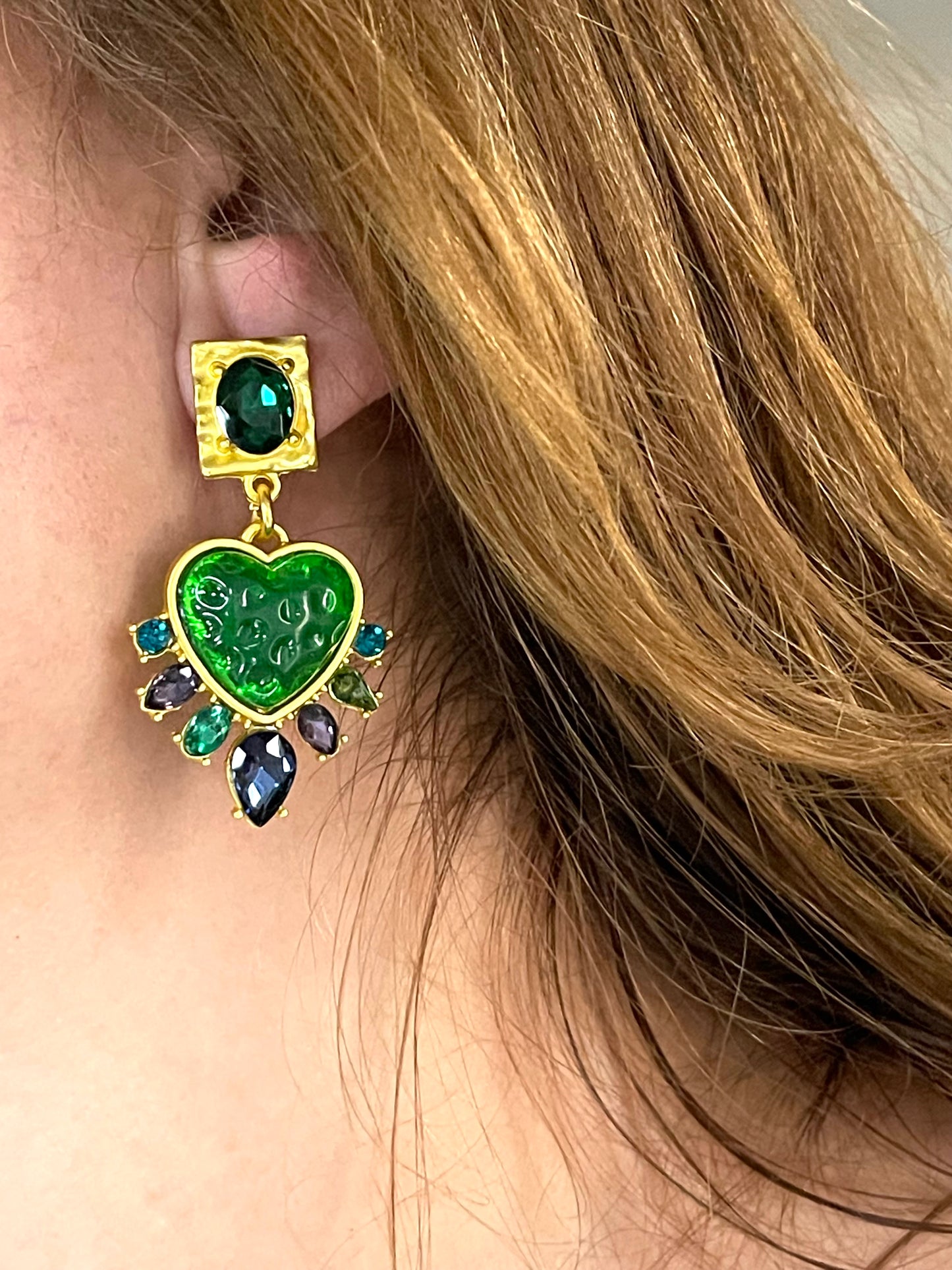 Strong Green Heart Resin Metal Earrings