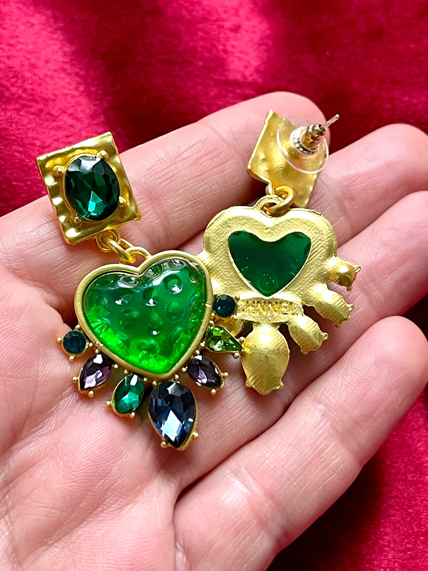 Strong Green Heart Resin Metal Earrings