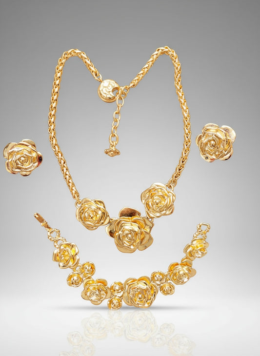 Rare Flower Vintage Yves Saint Laurent Gold Plated Jewelry Set – Necklace, Bracelet & Earrings – Signed YSL, Made in France
