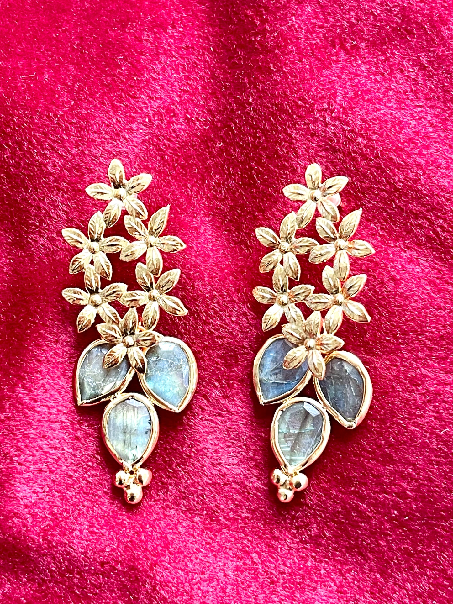 Gold Flower Pendant Earrings Labradorite Stones