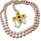  long faux pearl necklace with a gold-plated cross pendant and red gemstones at the end.style vintage Yves Saint Laurent Chanel Givenchy