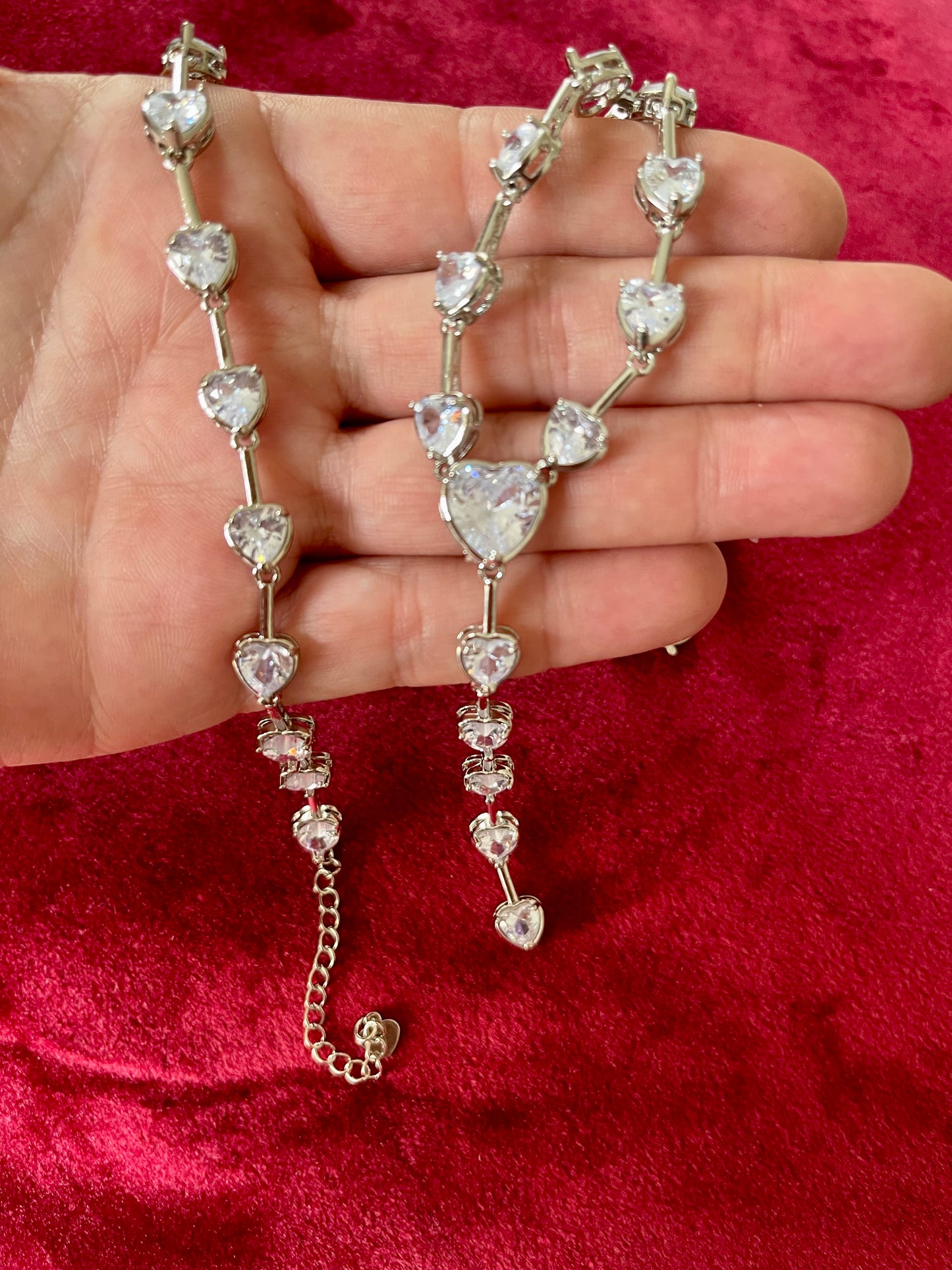 Long Silver Rhinestones Heart Necklace Bracelet Set