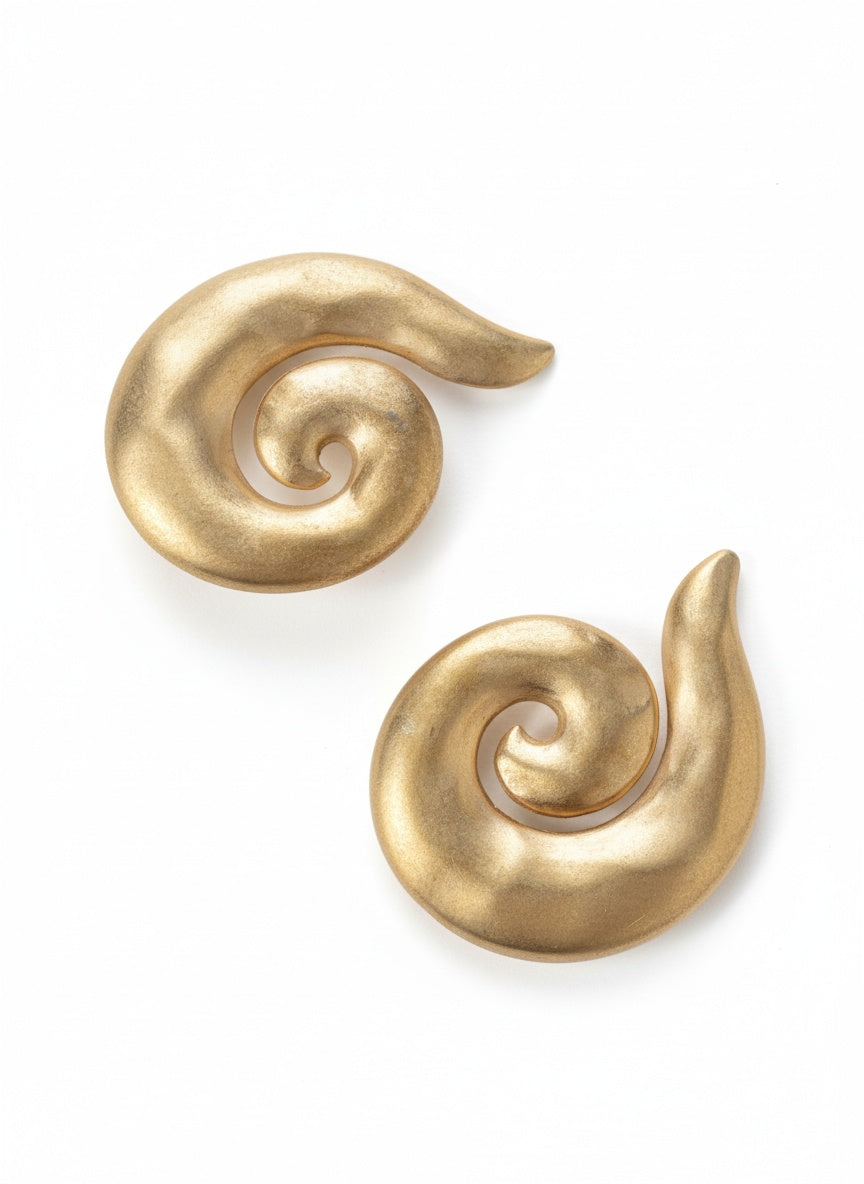 Yves Saint Laurent gold tone spiral clip-on earrings with designer stamp, vintage collectibles 1980s