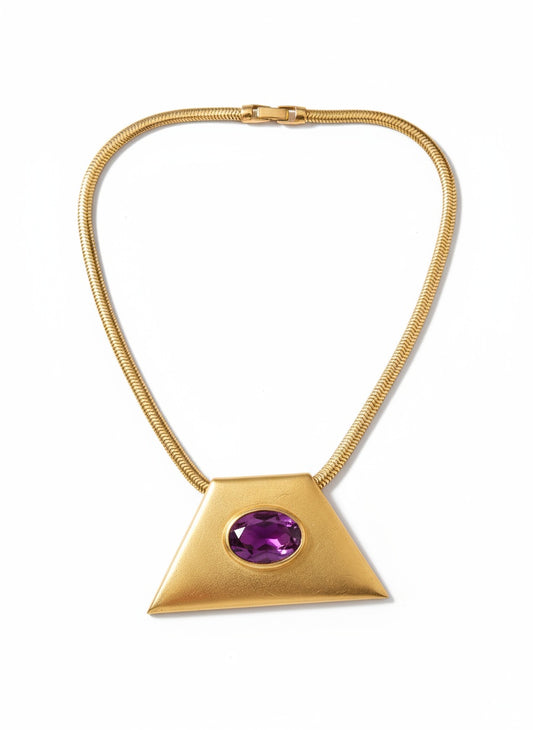 Geometric Pendant with purple center stone gold tone necklace from Yves Saint Laurent from the 70s