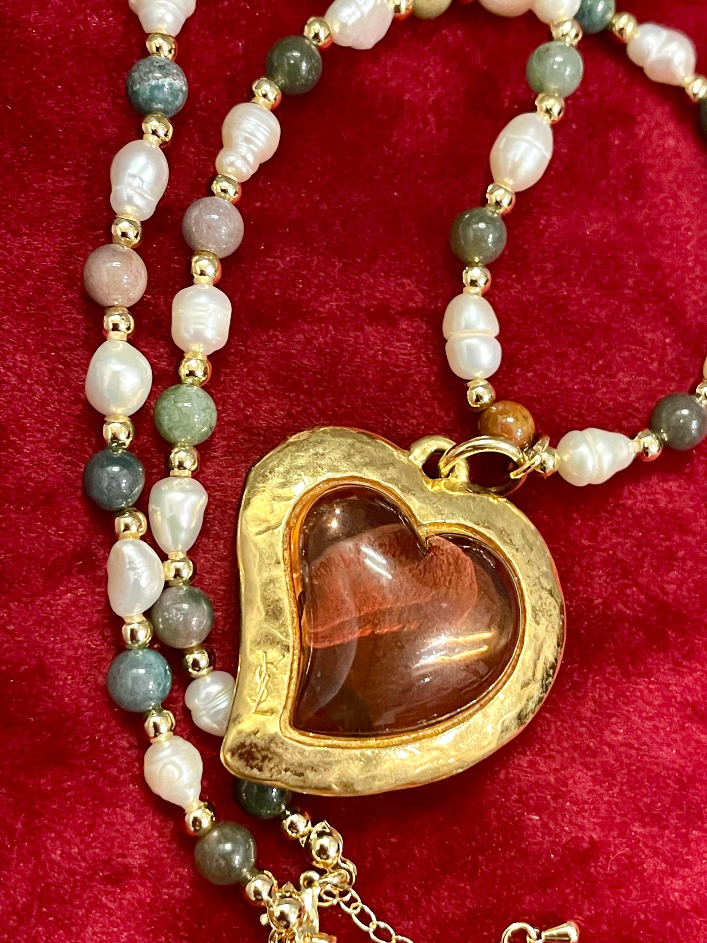 Vintage Yves Saint Laurent Rose Petal Heart Pendant Pearl Necklace