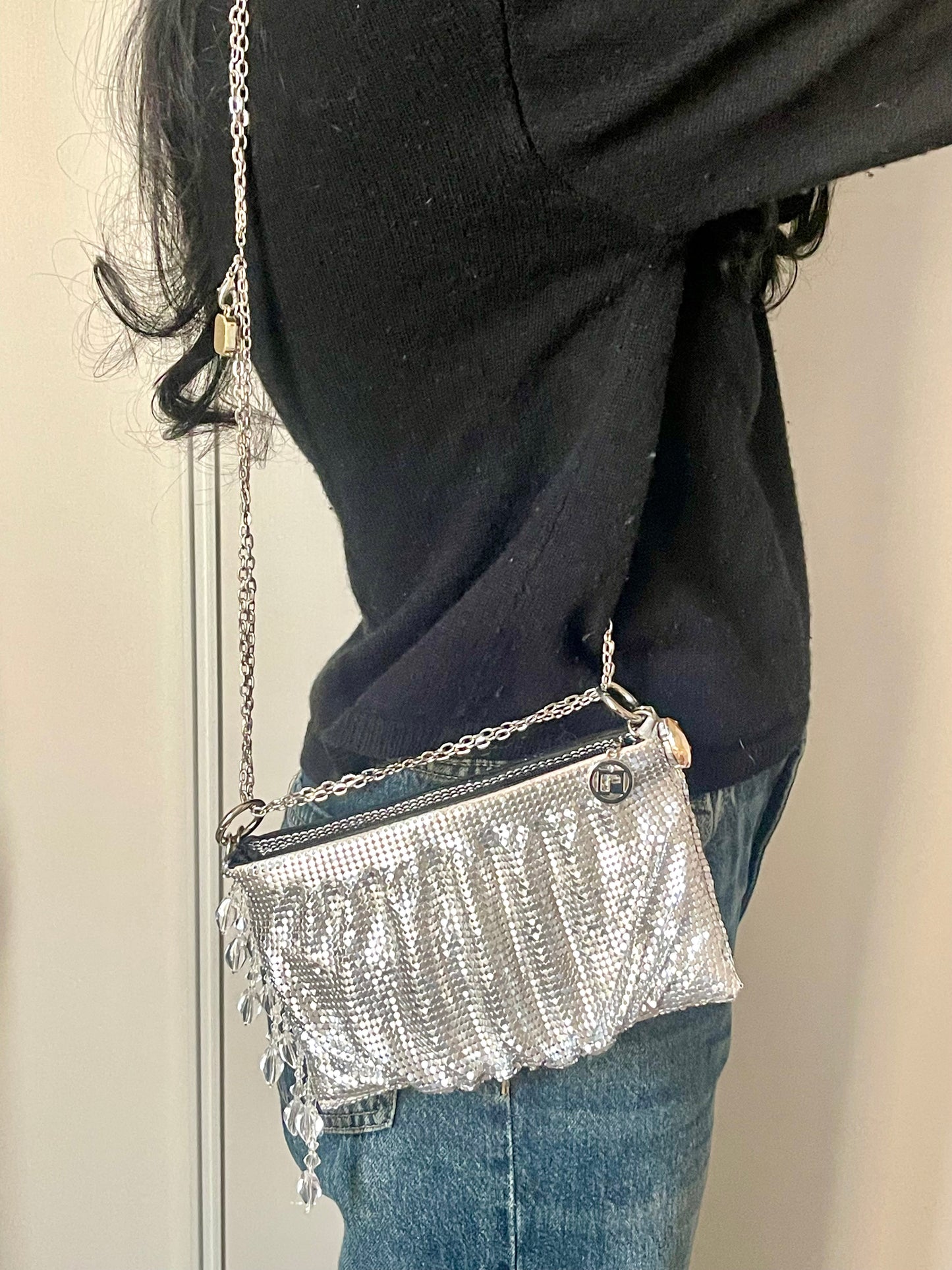 Worn by model as a long chain One of a kind handmade Paco Rabanne repurposed silver pixel mesh bag