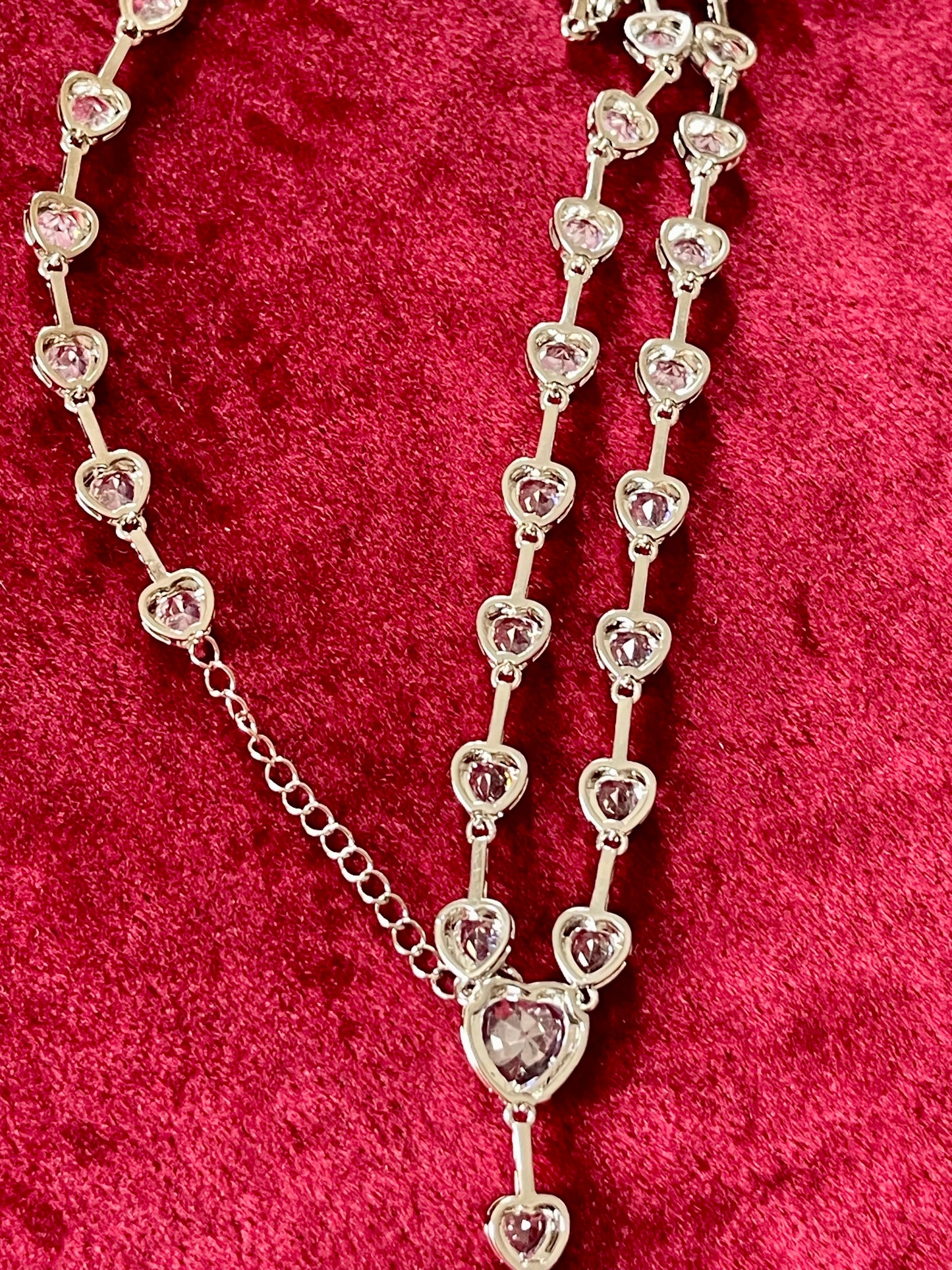 Long Silver Rhinestones Heart Necklace Bracelet Set