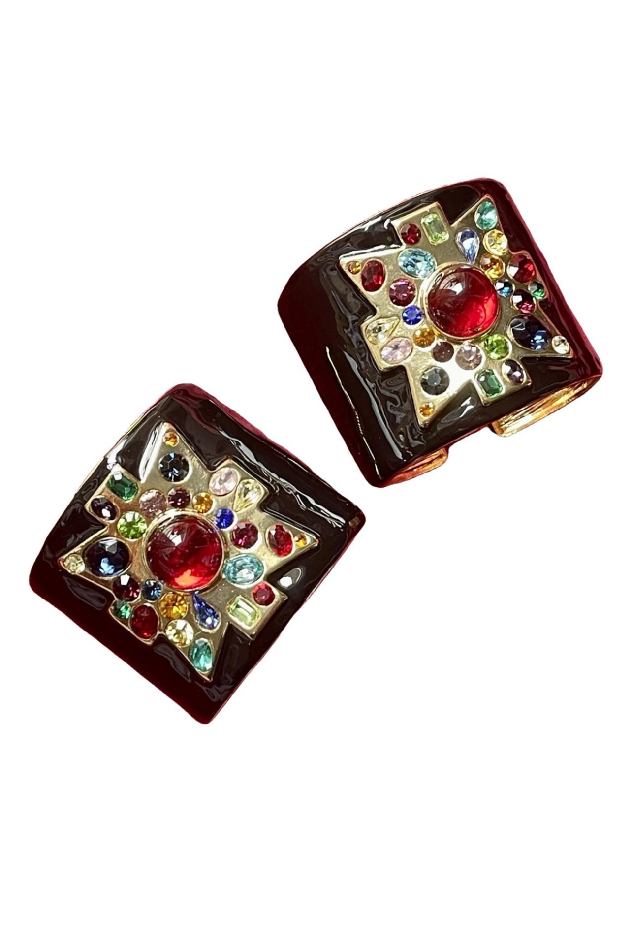 Pair of square earrings with colorful gemstones on a white background