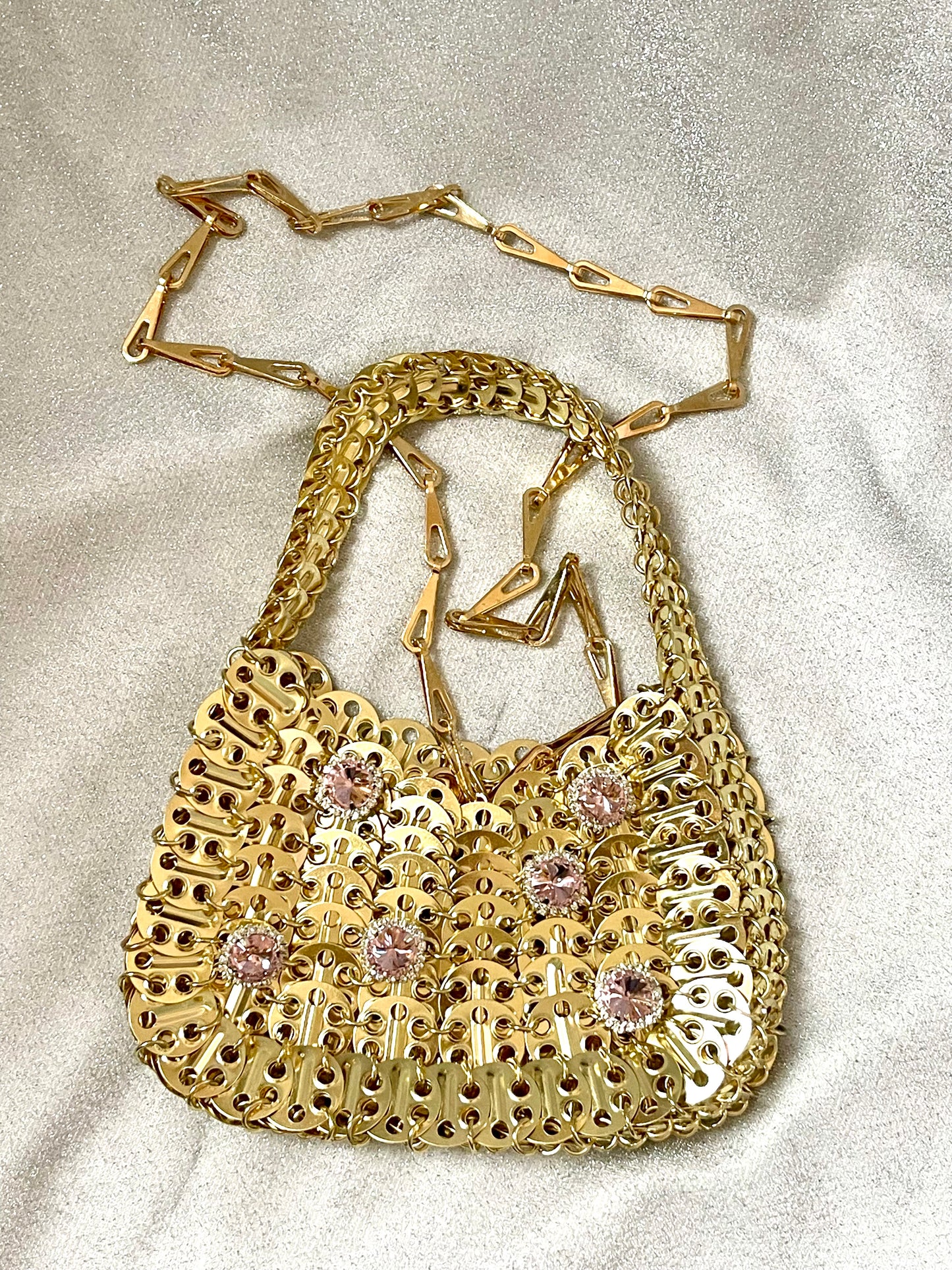 Mini Gold Metal Sparkle Hand Bag Pink Rhinestone Charms Style Paco Rabanne