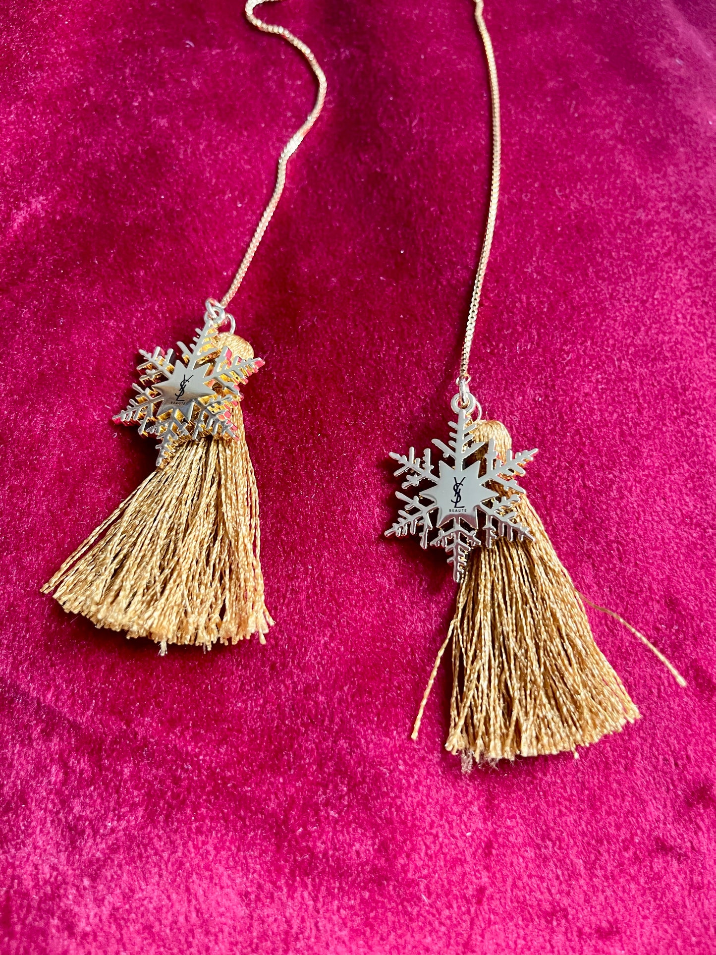 Yves Saint Laurent Signed Snowflake Charm Tassel Earrings – Gold Tone, Upcycled