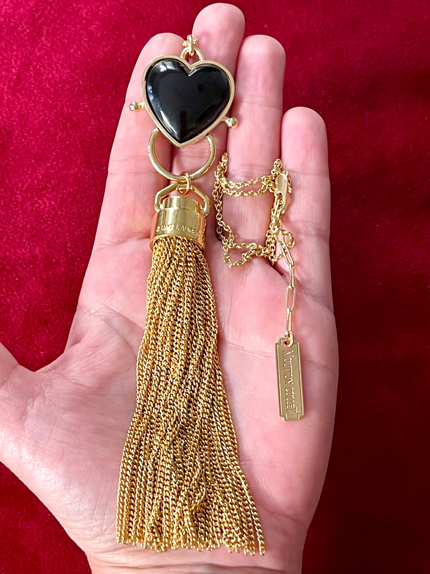 Mutton Collet Black Resin Heart Necklace with Attached Saint Laurent Tassel Charm