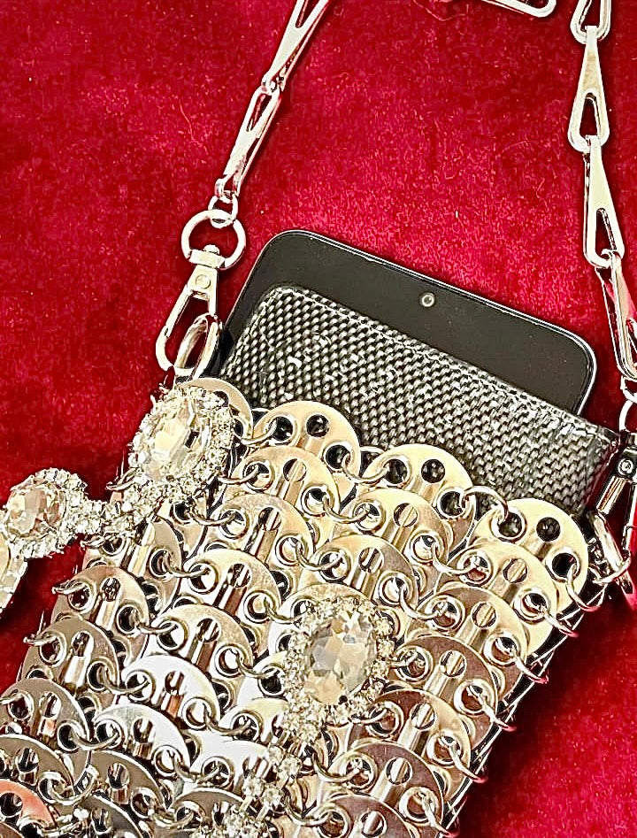 Phone holder silver metal Crystal crossbody bag style Paco Rabanne Sparkle 1969 close up showing phone and card holder 