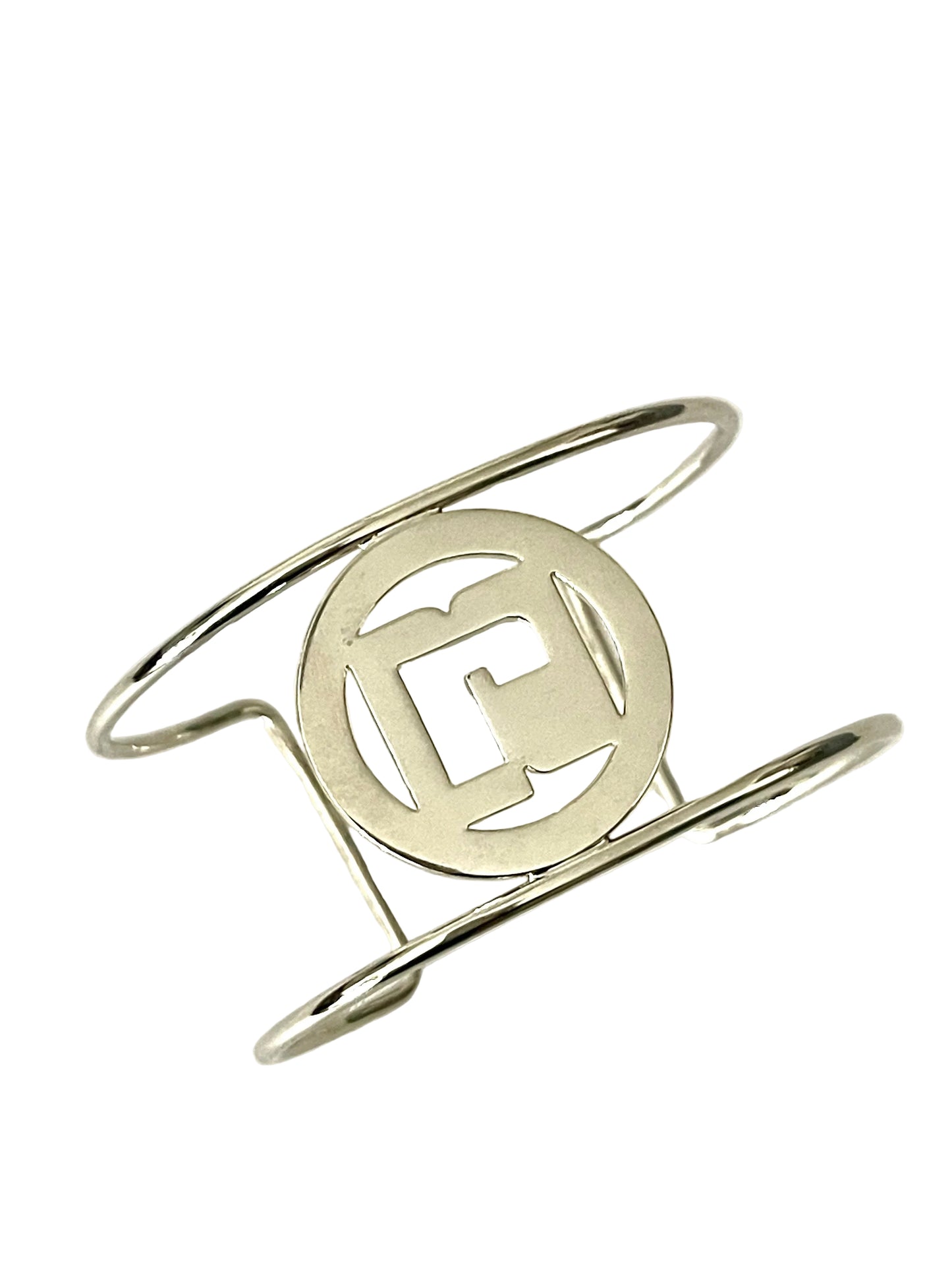 Vintage Paco Rabanne Parfums logo cuff bracelet refurbished with white gold On a white background 