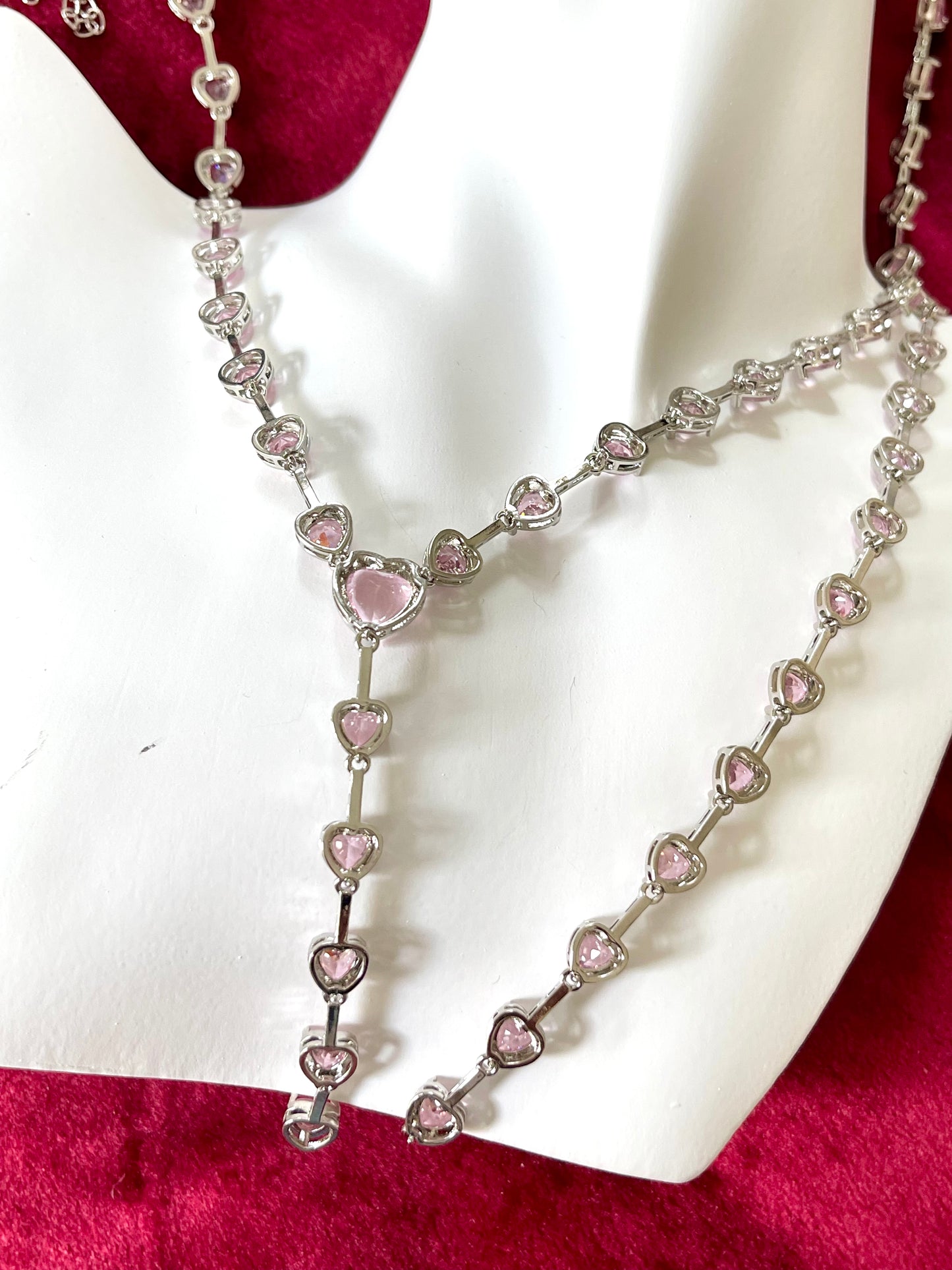 Long Silver Pink Rhinestones Heart Necklace Bracelet Set