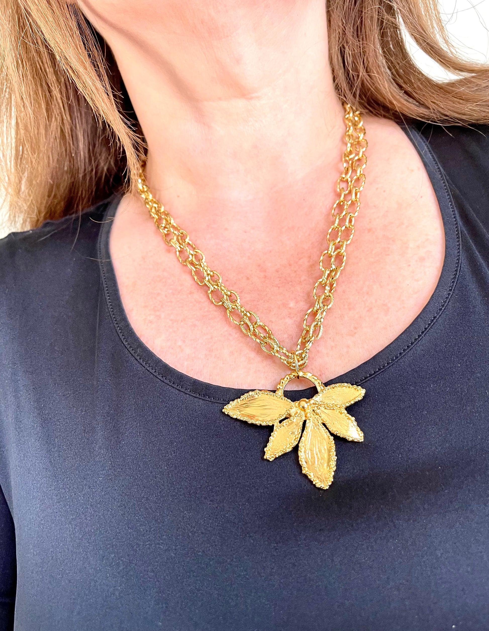  Vintage 80’s Yves Saint Laurent Leaf Pendant necklace authentic worn by model versatile adjustable design 