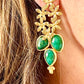 Gold Flower Pendant Earrings Green Agate Stones