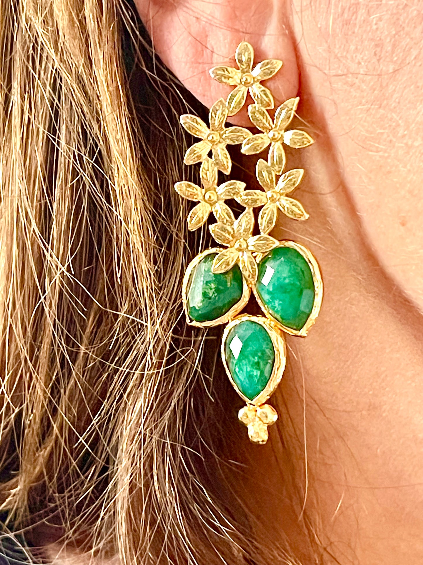 Gold Flower Pendant Earrings Green Agate Stones