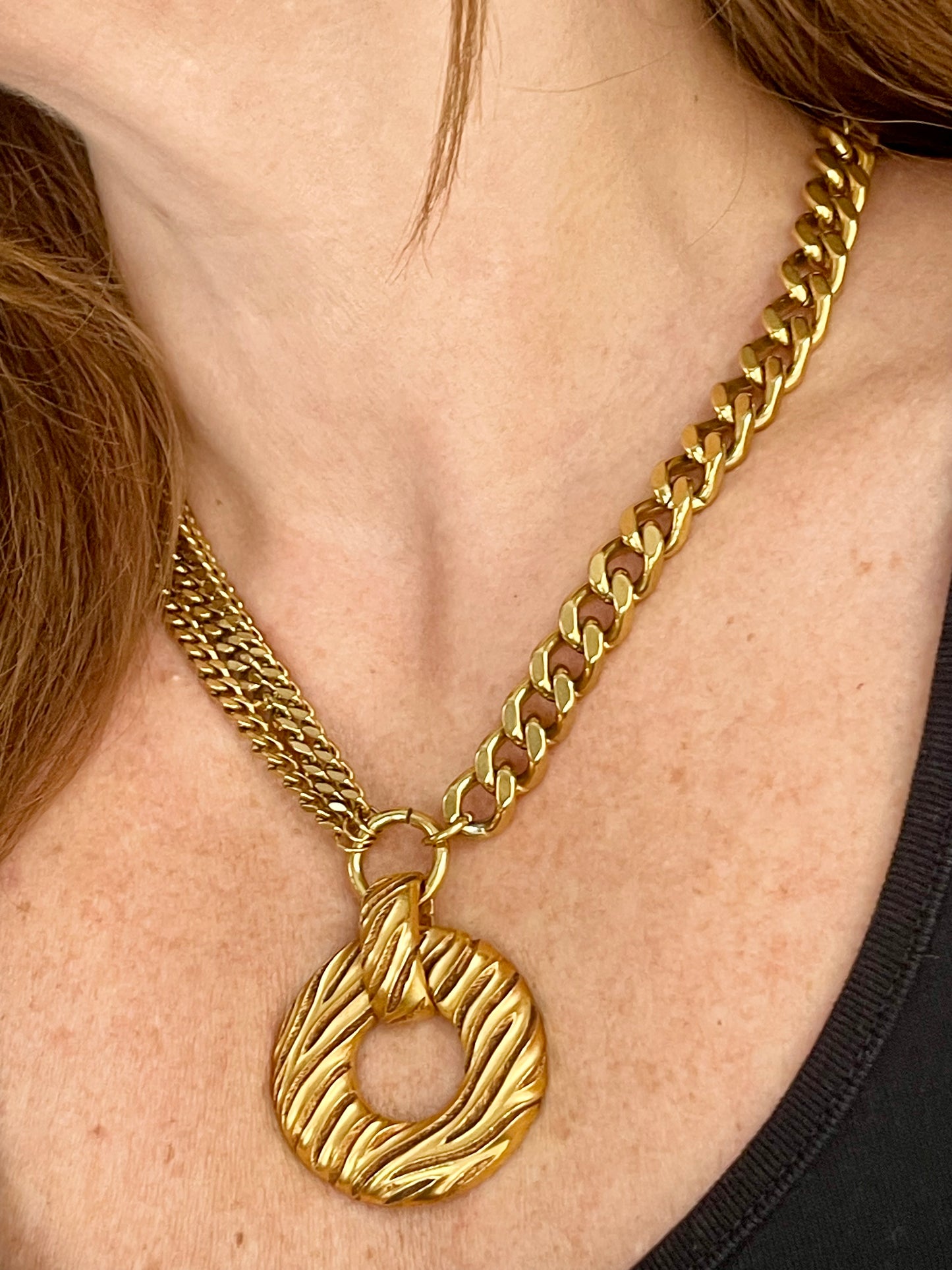 Gold tone 80s Yves Saint Laurent vintage pendant stainless steel chain necklace worn by model