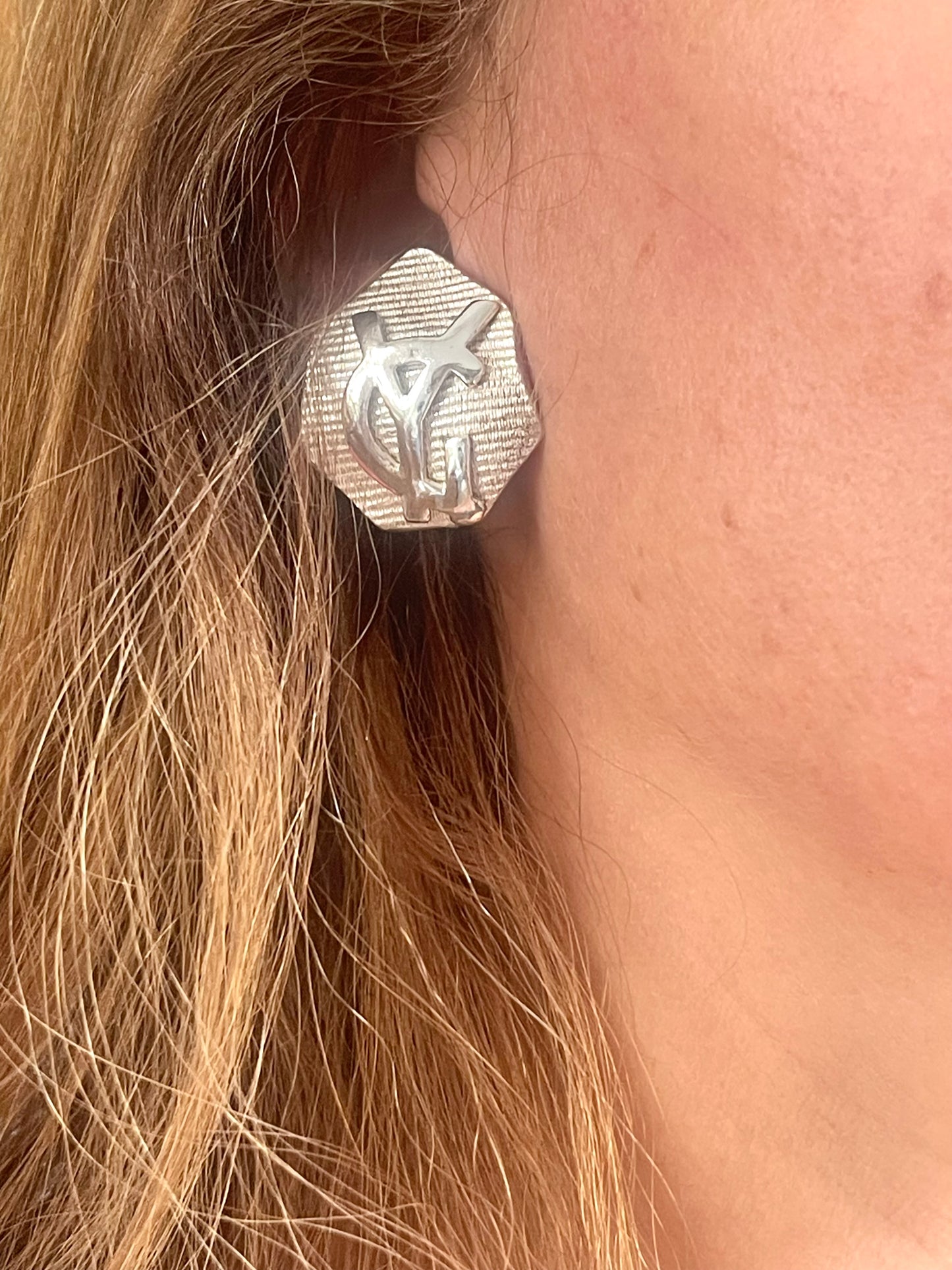 Vintage Yves Saint Laurent Silver Tone Hexagon Logo Clip-On Earrings