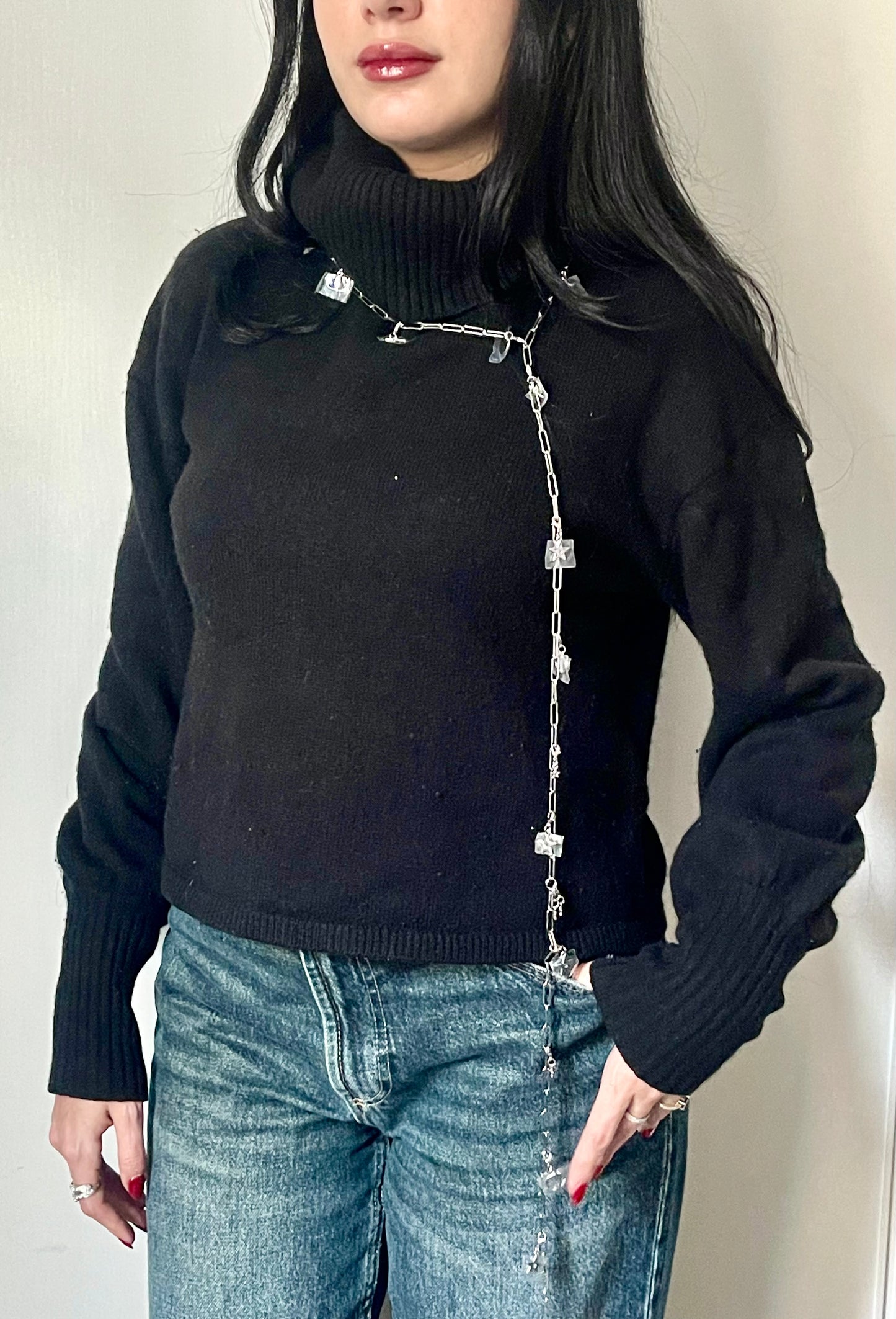 Worn by model as a very long necklace upcycled Dior Beauté phone charm necklace with removable silver-tone charms