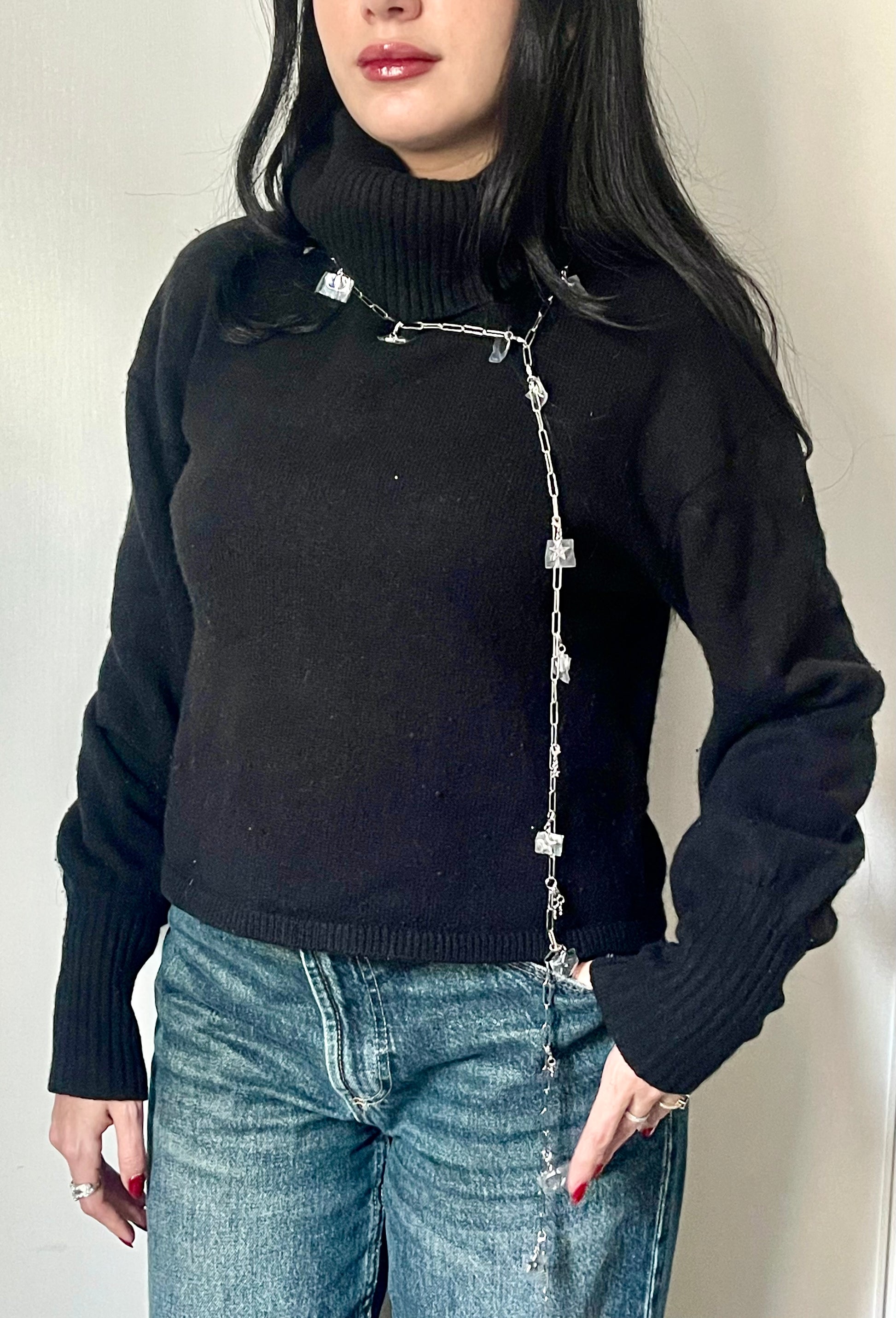 Worn by model as a very long necklace upcycled Dior Beauté phone charm necklace with removable silver-tone charms